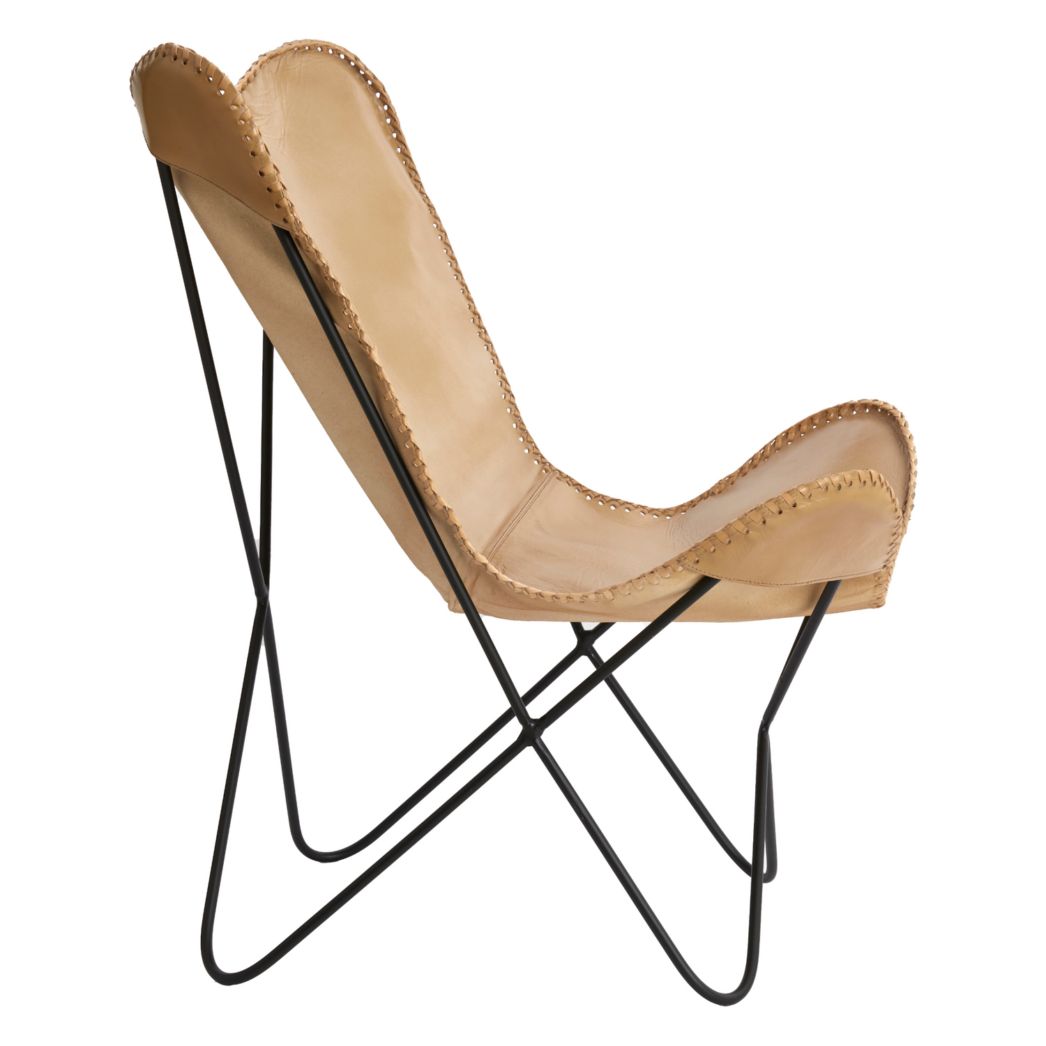 Eleganter Butterfly-Sessel von Light & Living in sandfarbenem Leder, Seitenansicht.