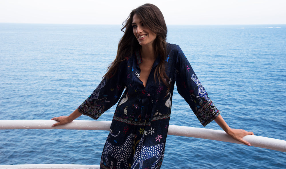 Kaftan BLU NOTTE aus 100% Seide der Marke Ortigia Sicilia