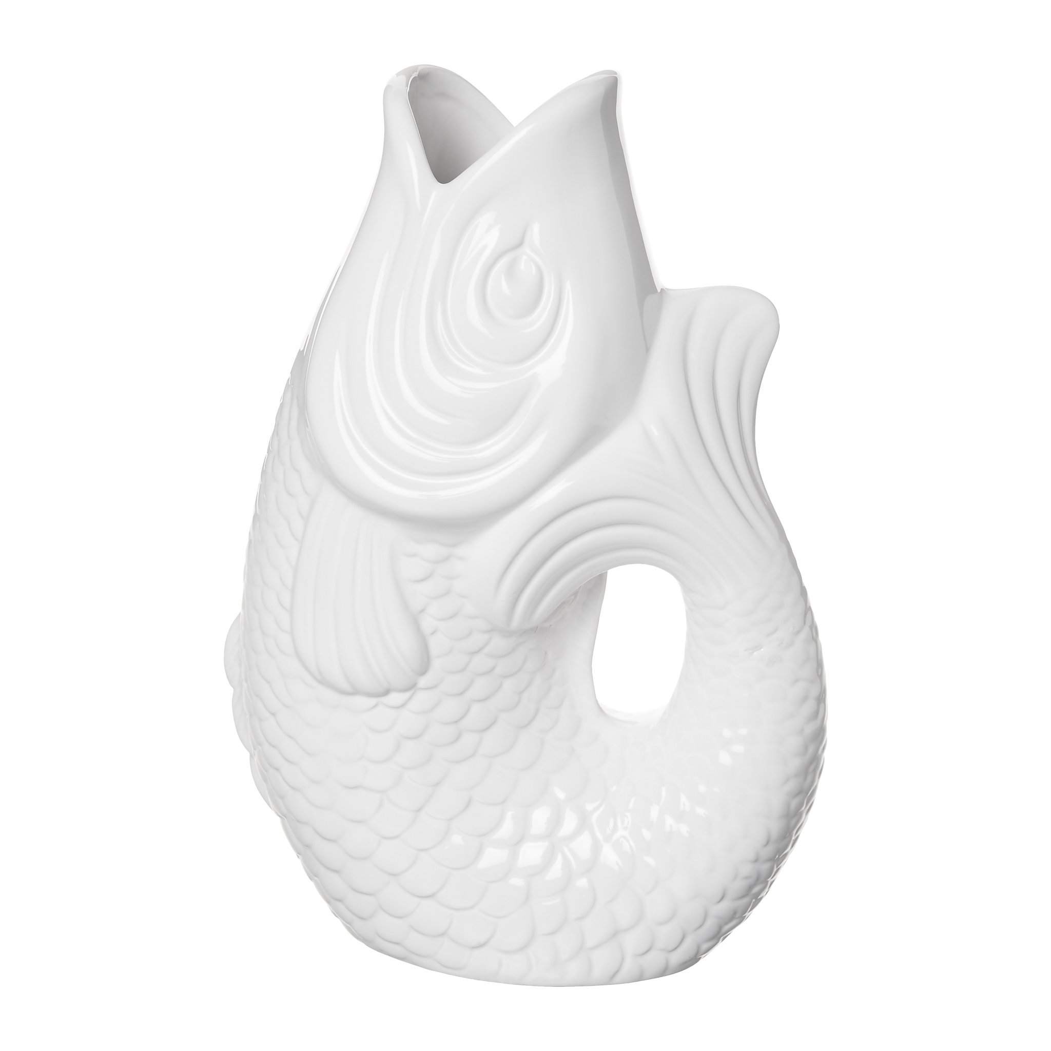 Weiße Fischform-Vase Monsieur Carafon aus Steingut.