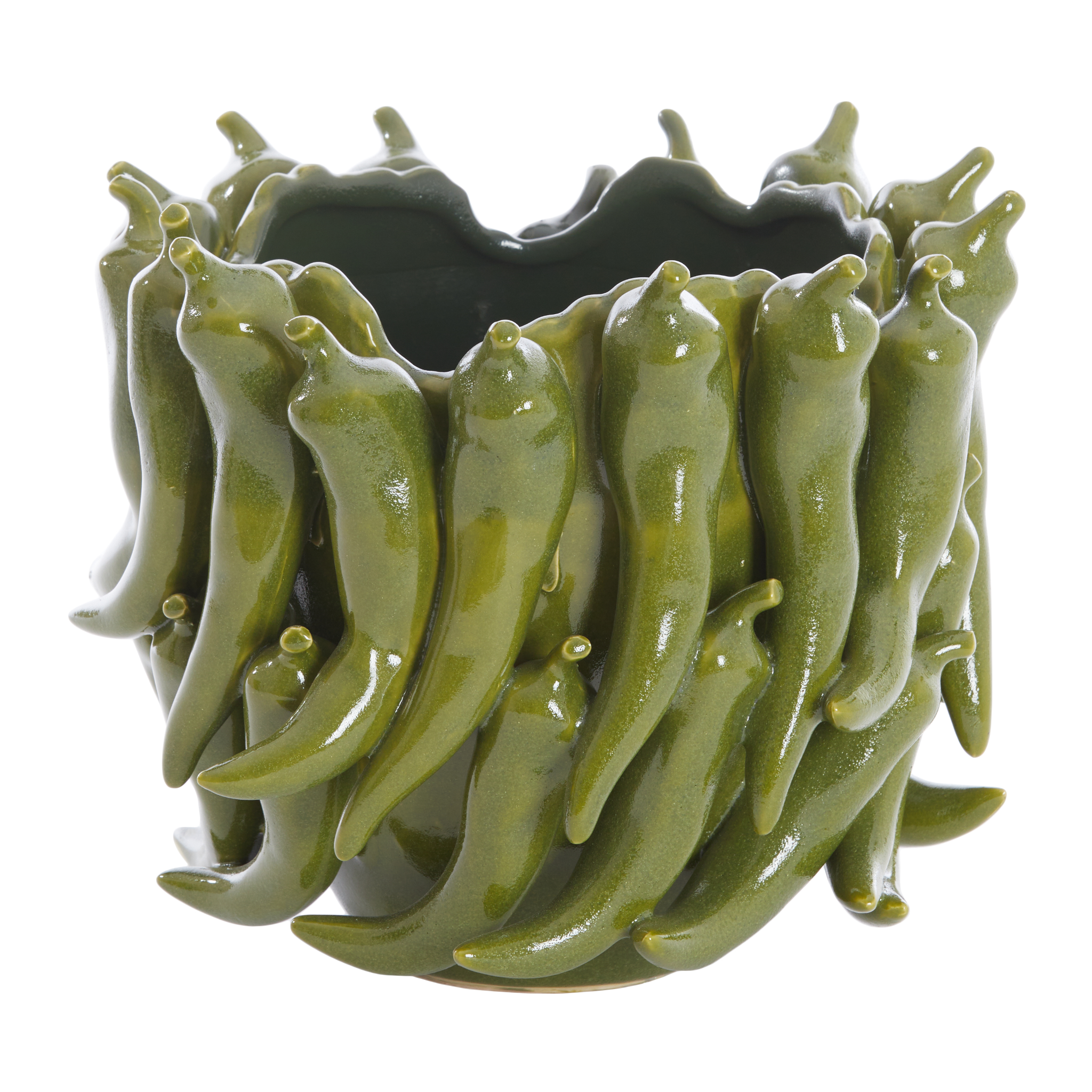 Dunkelgrüne PEPPER Keramikvase von Light & Living auf weißem Hintergrund.