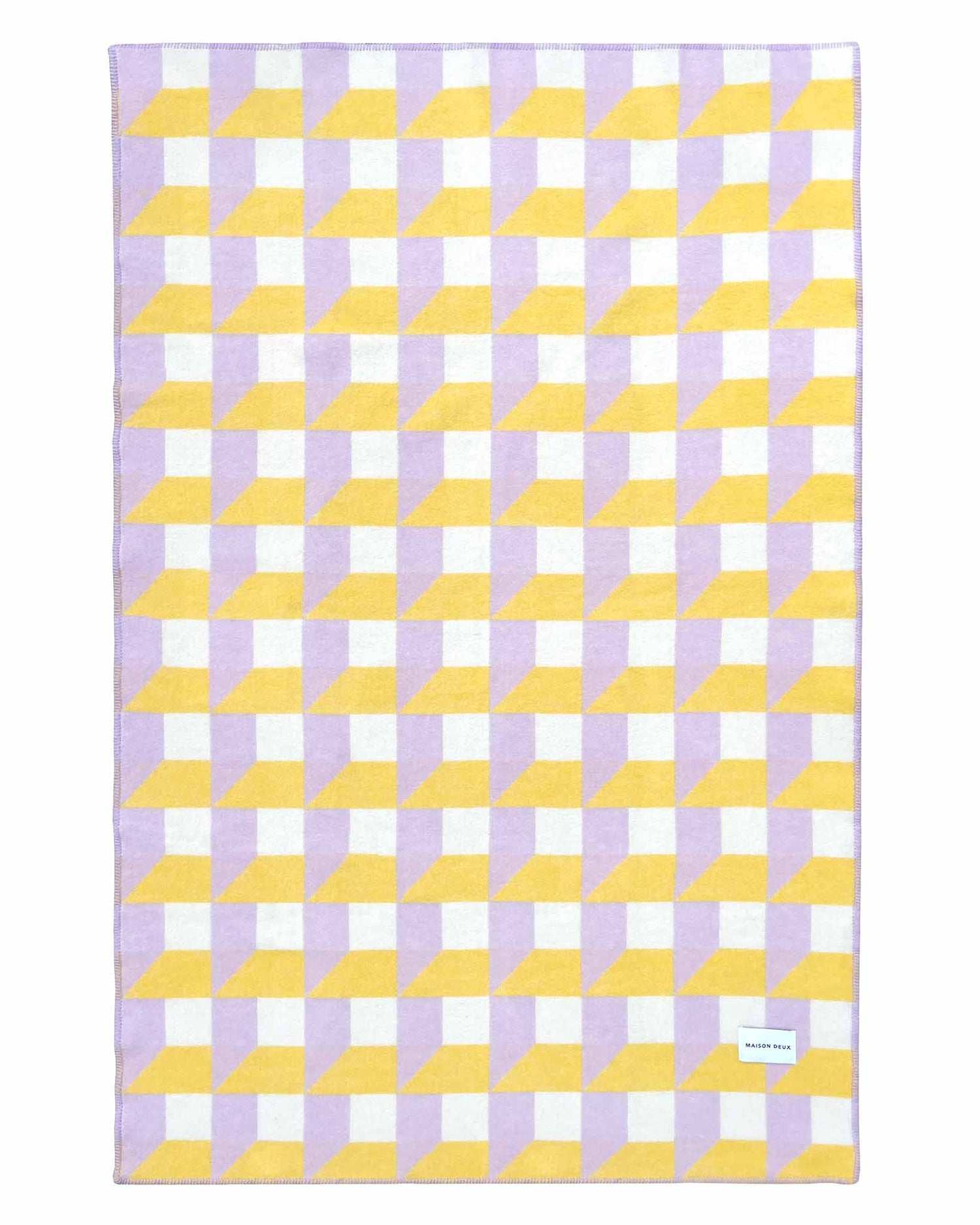 Wolldecke von Maison Deux in den Farben Lila, Gelb und Weiss - aufgeschlagen