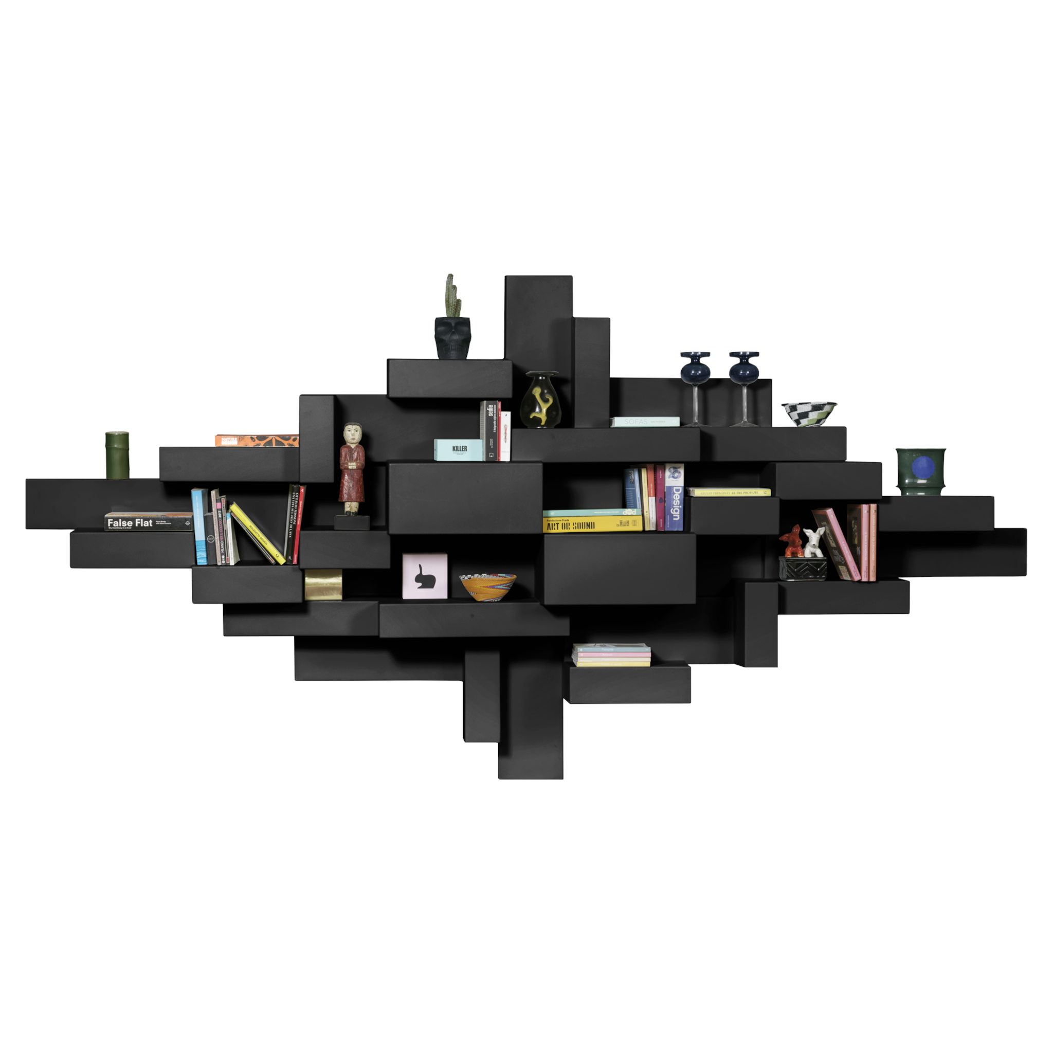 Schwarzes PRIMITIVE Bücherregal mit kantiger, modularer Struktur