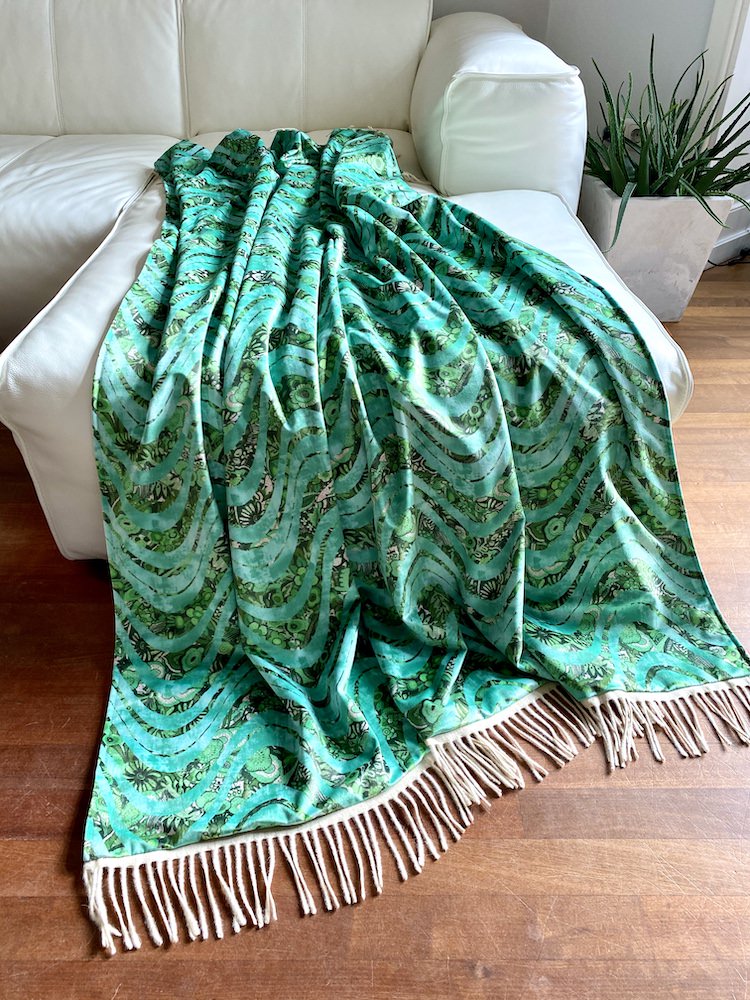 Velvet Teal Green Throw Blanket 'HAPPY Plaid' Made Of Velvet Wave