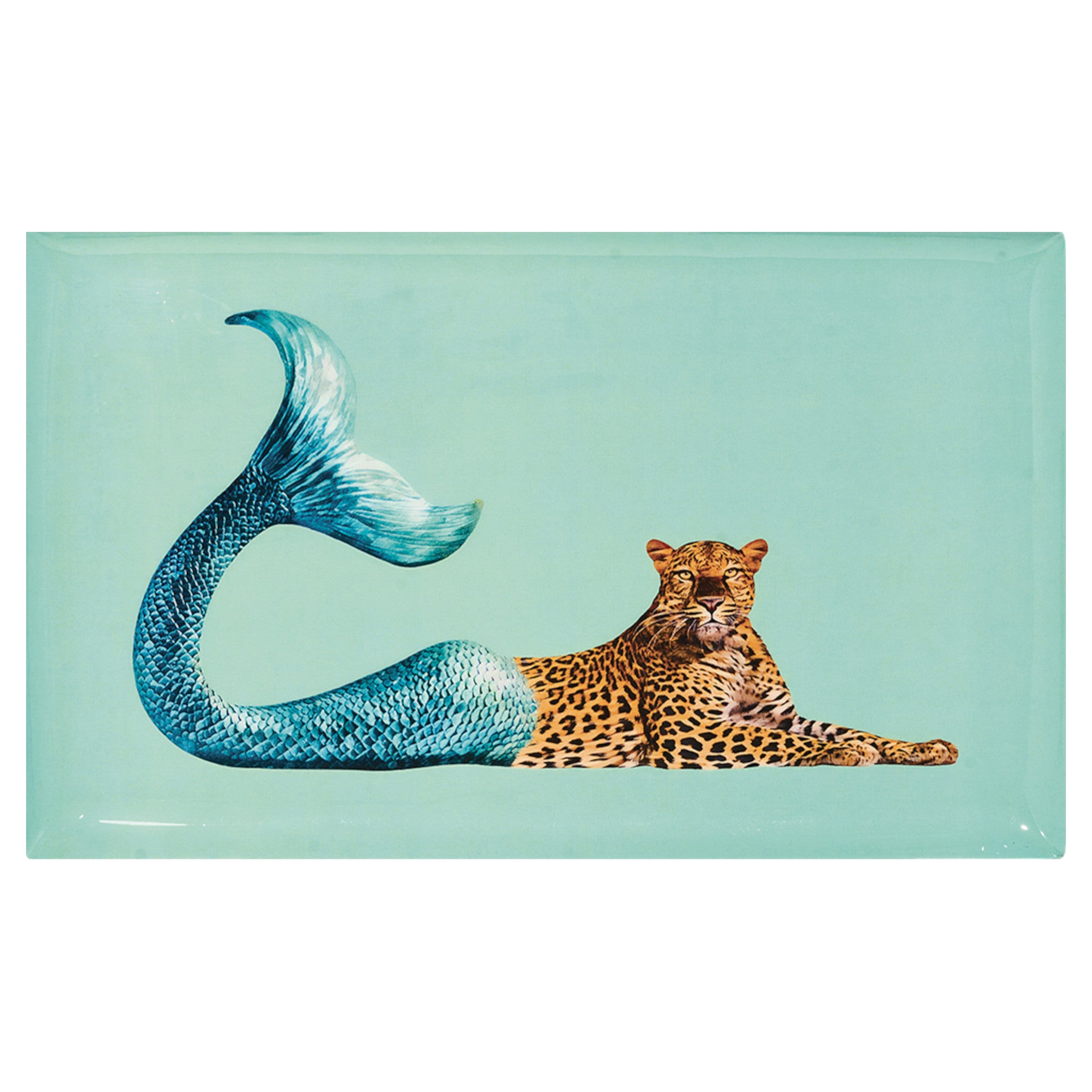 Rechteckiges Tablett mit fantasievollem Leoparden-Meerjungfrau-Motiv