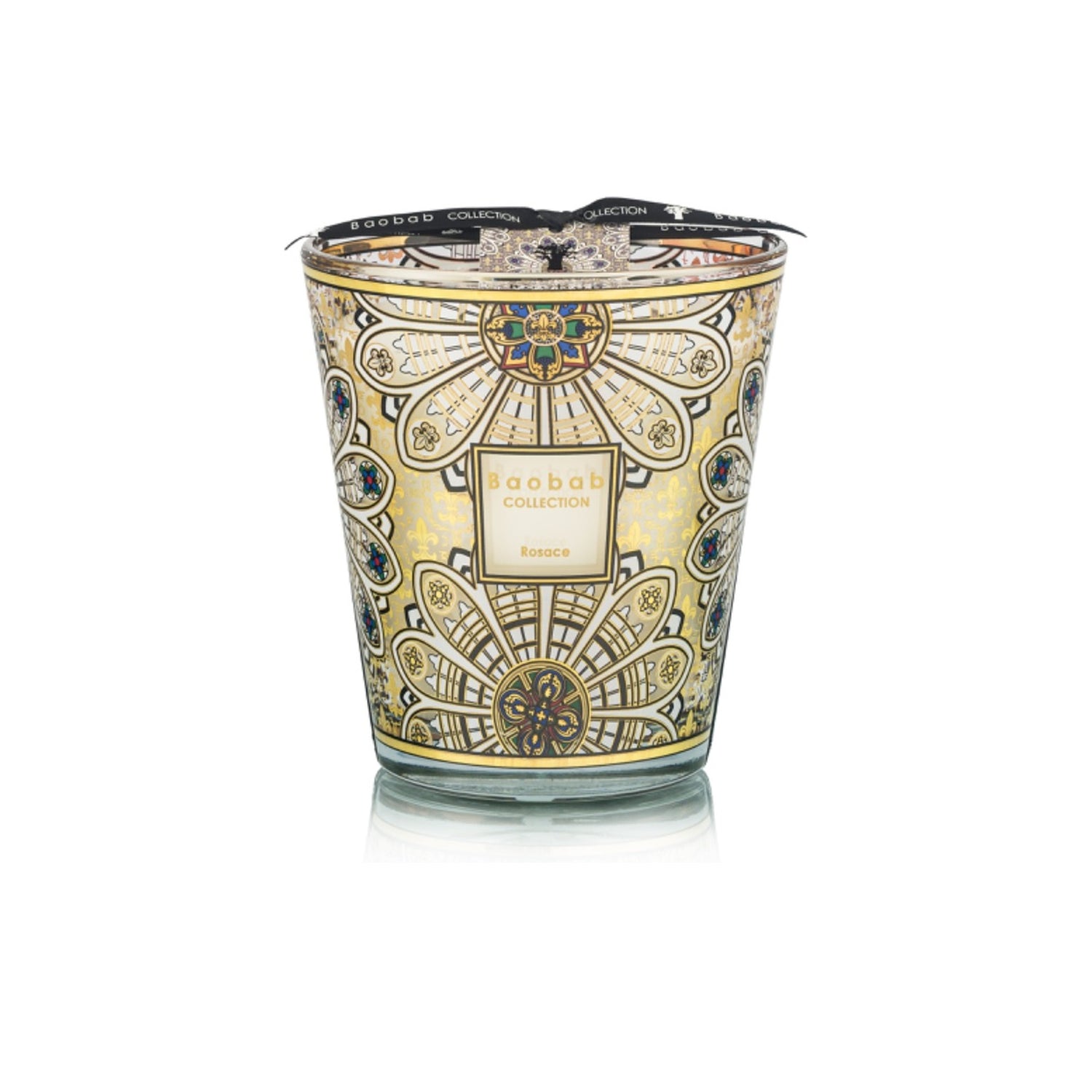 Baobab Collection Duftkerze Rosace Max 16 im verzierten Glas mit Goldornamenten – Duft Tanne, Holzkohlenfeuer, Vetiver