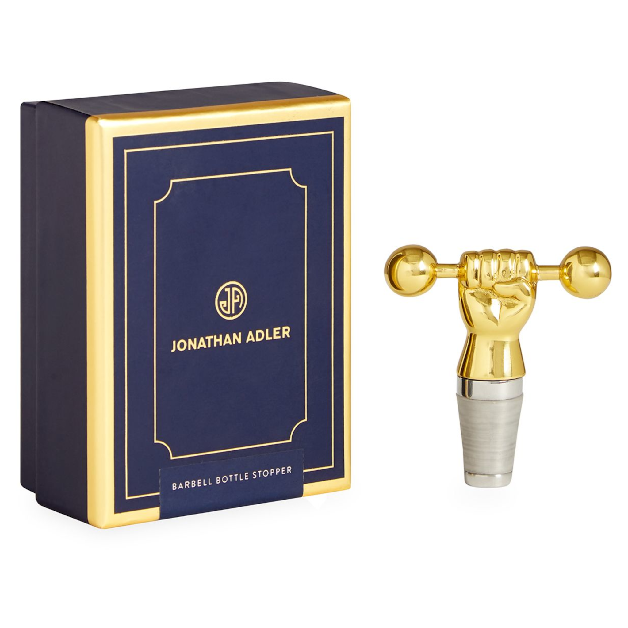 Eleganter goldener Flaschenstopper im Hanteldesign von Jonathan Adler.