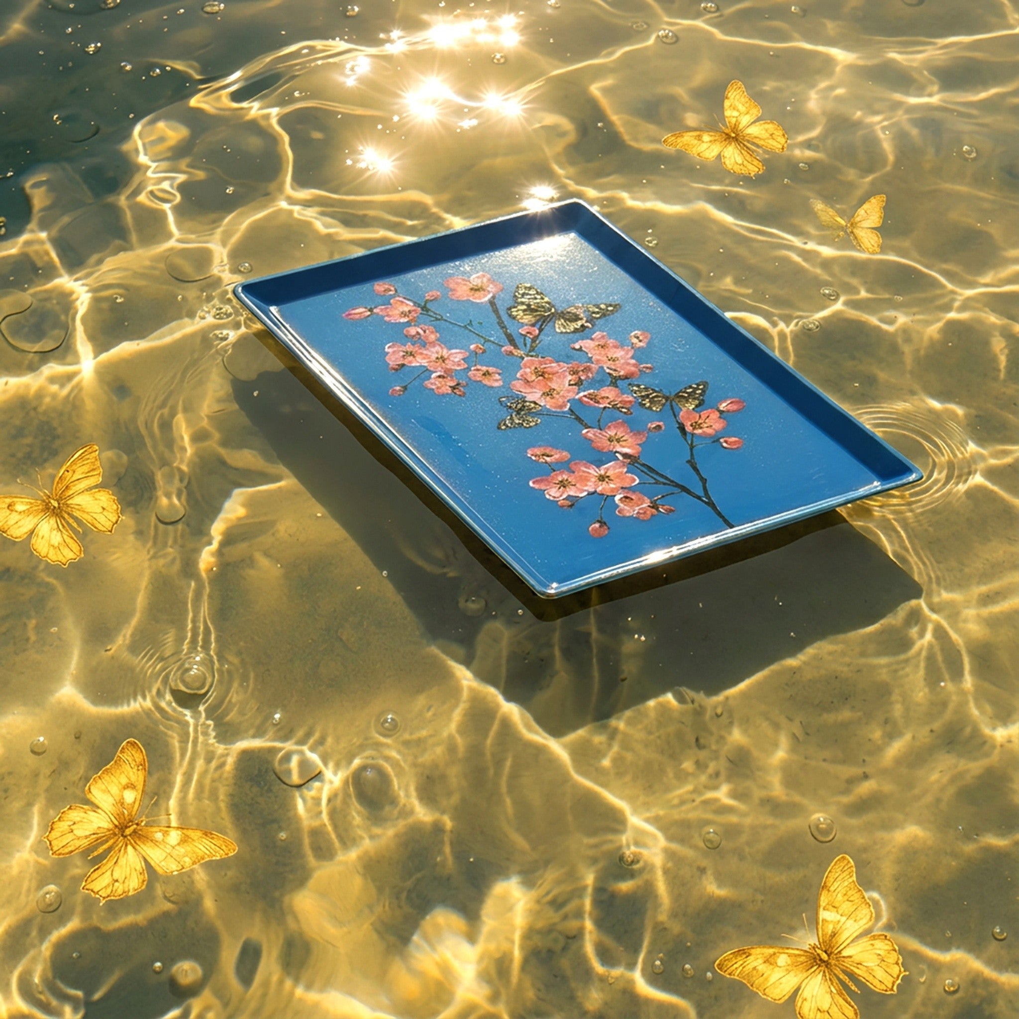 Dekoratives Metalltablett mit floralem Motiv auf blauem Hintergrund