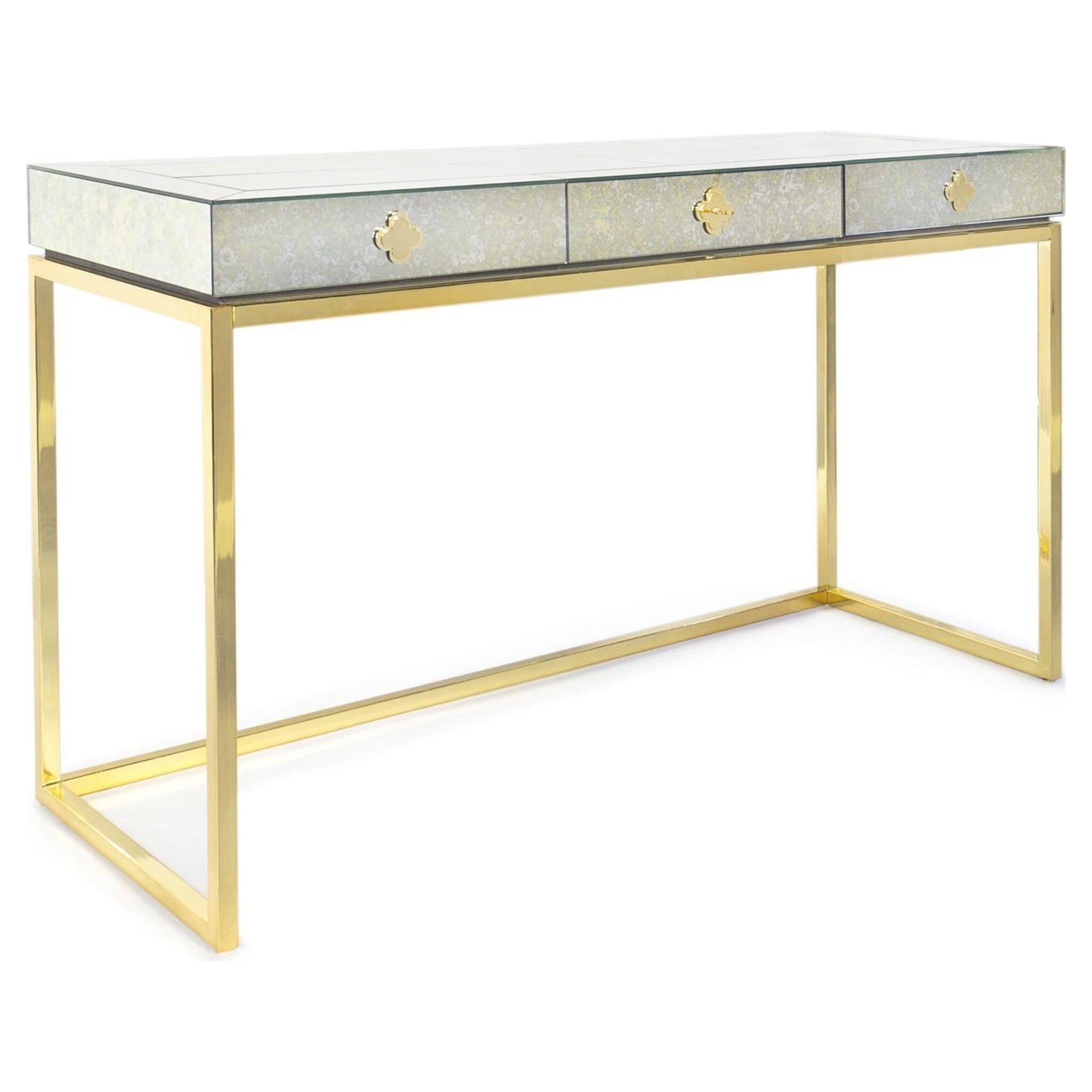 Eleganter Schreibtisch mit Messinggestell und Spiegelglas