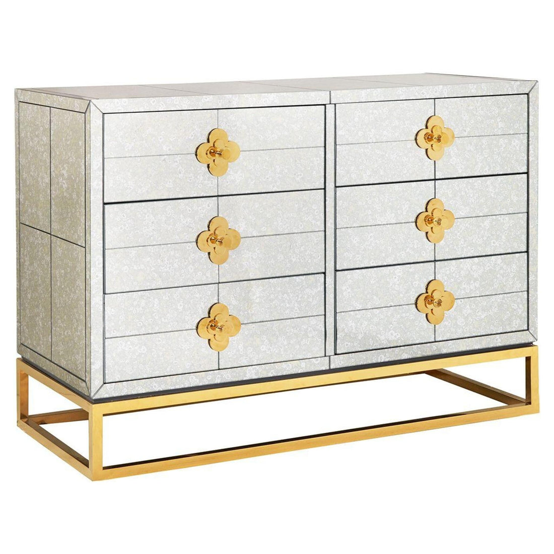 Spiegelkommode mit sechs Schubladen und goldenen Quaterfoil-Griffen