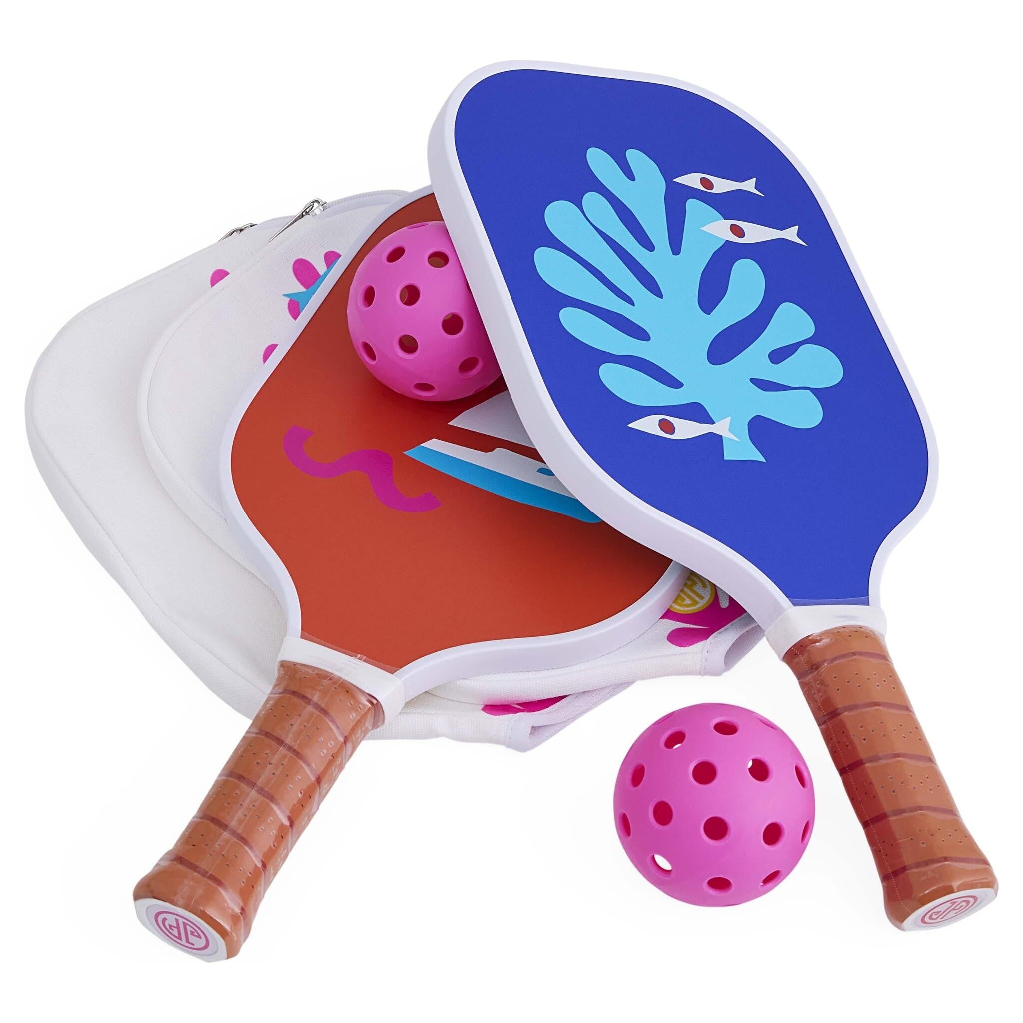 Pickleball-Schläger mit pinkem Korallen-Motiv und Ledergriff