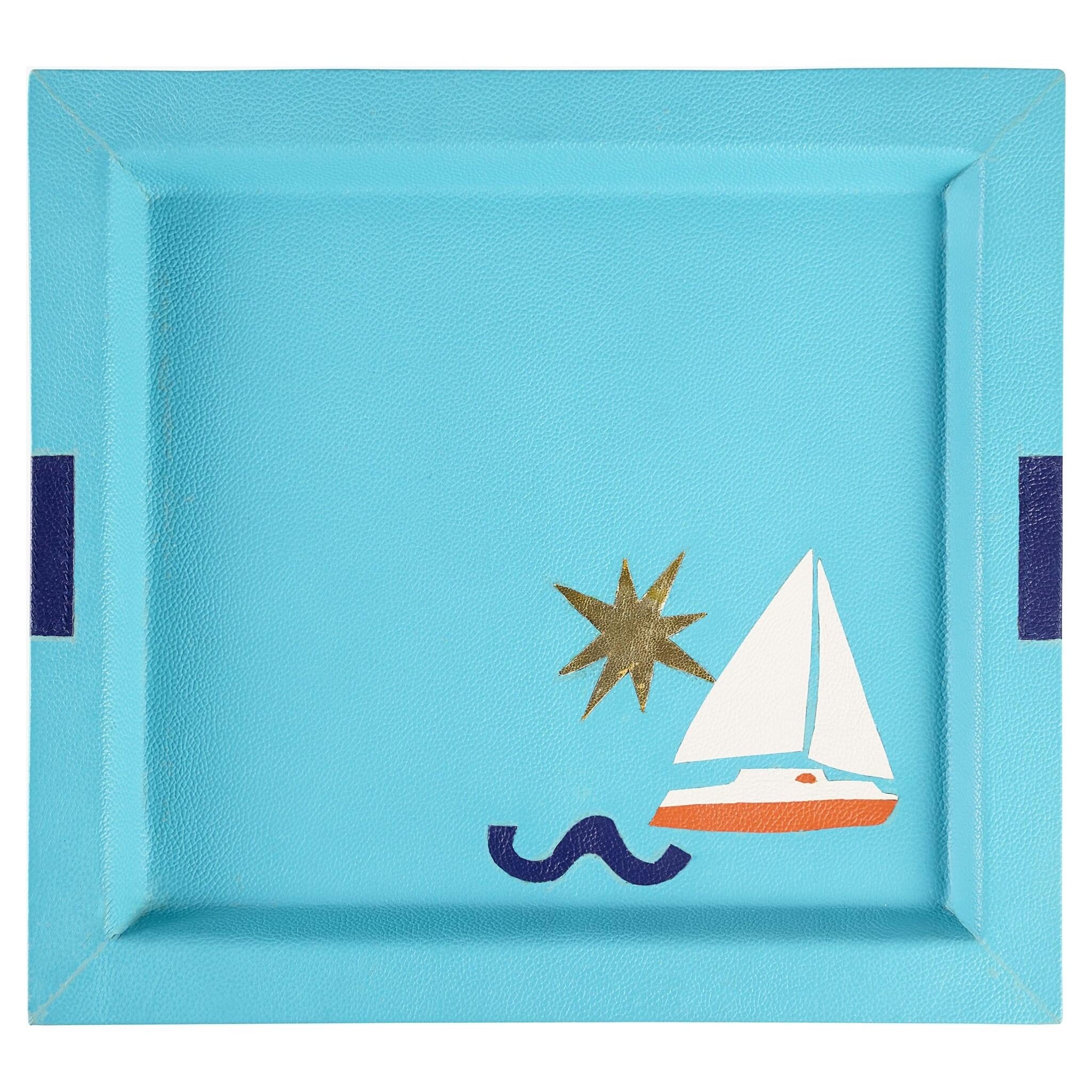 Playa Leder-Tablett von Jonathan Adler in Türkis mit Bootsmotiv
