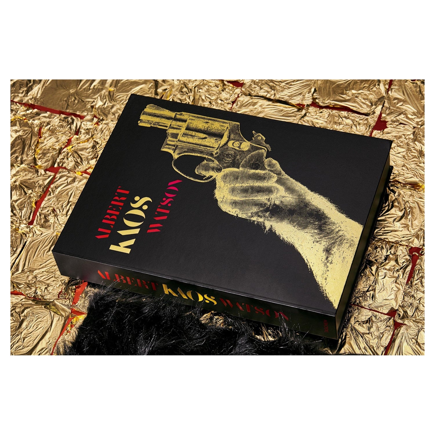 Blick auf geöffnete Albert Watson Kaos Schlagkassette mit Sammlerbuch