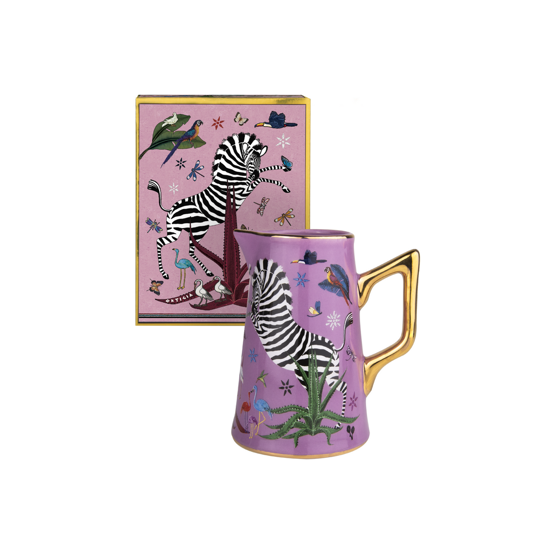 Mini-Karaffe Jug Ceramic Small Pink mit goldenen Details und Jungle-Motiv von Ortigia Sicilia