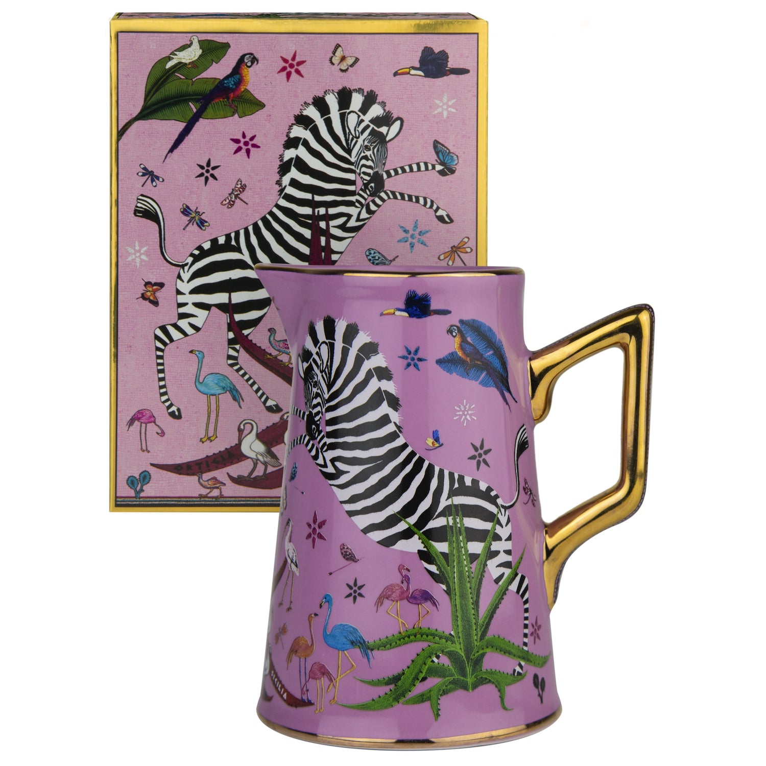 Handgefertigte Keramik-Karaffe mit Jungle-Motiv in Pink
