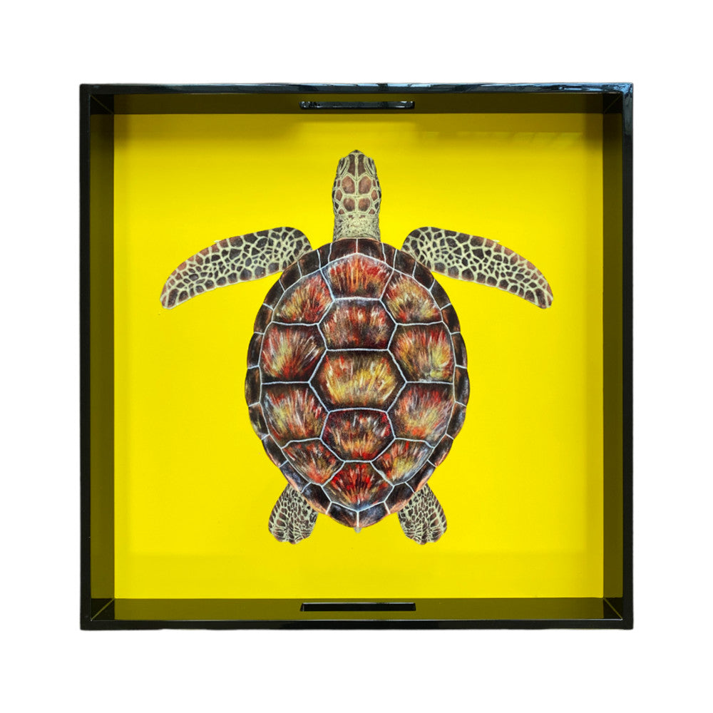 Lacktablett SCHILDKRÖTE gelb handbemalt quadratisch 46x46cm