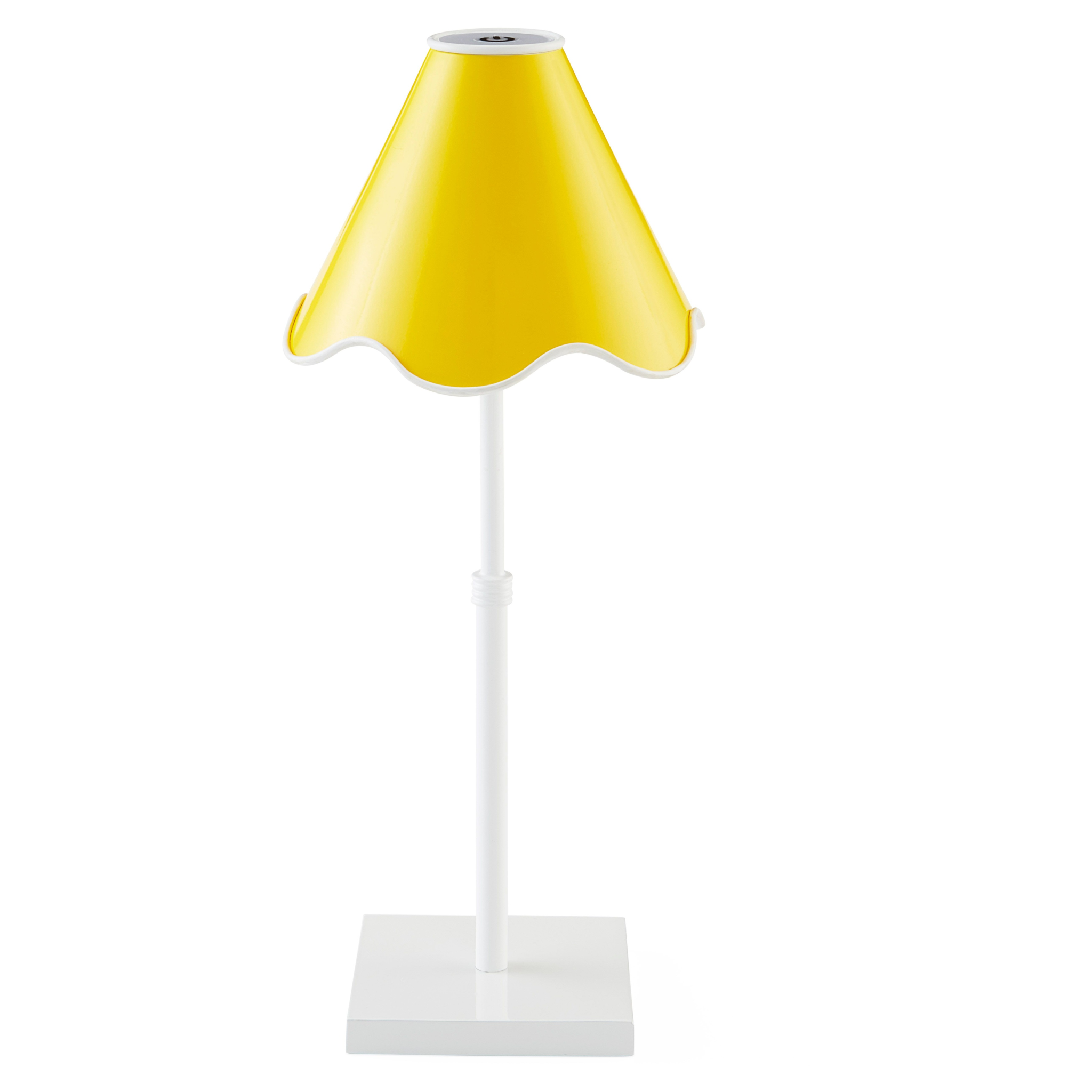 Kabellose Designer-Tischlampe mit gelbem Schirm und Messingdetails.