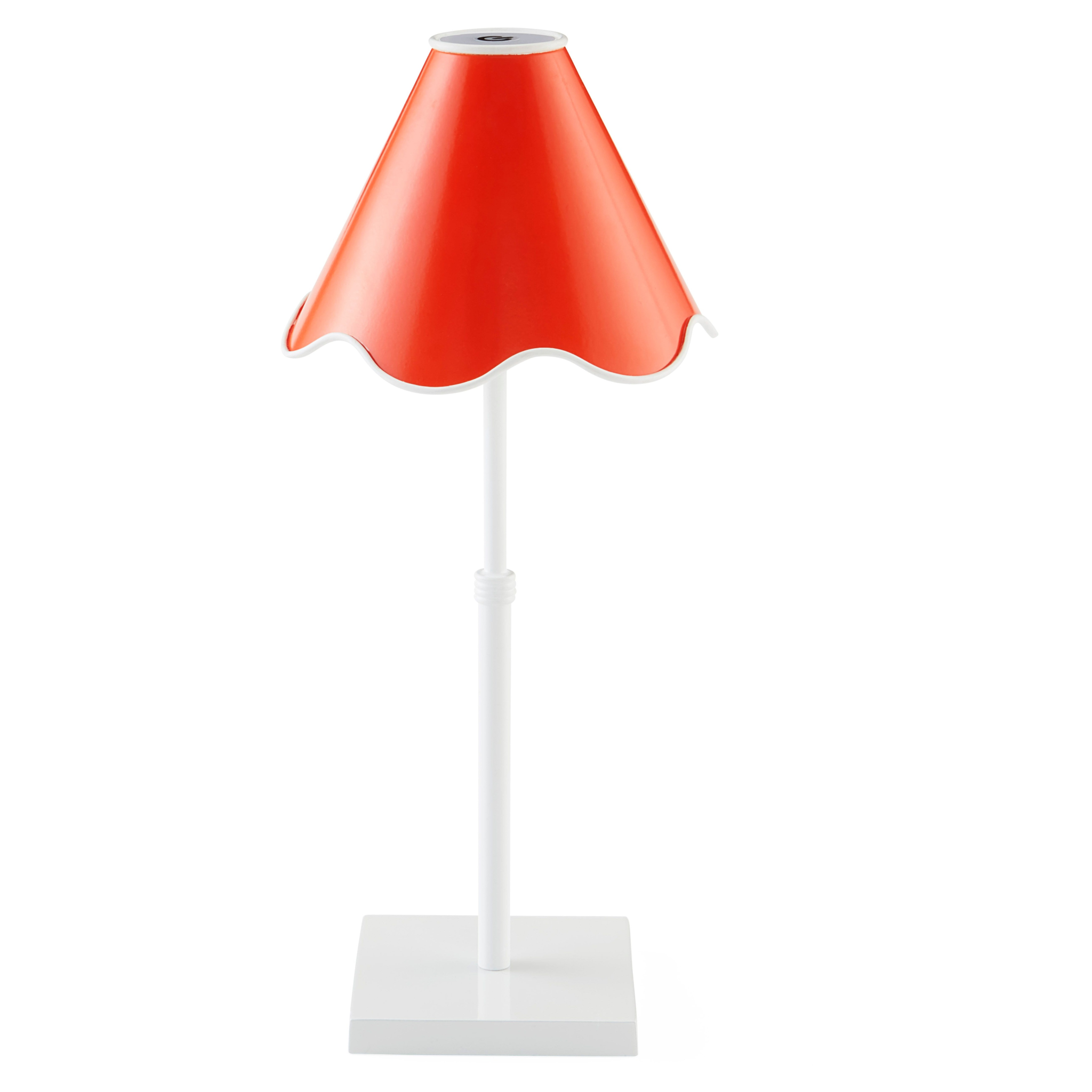 Kabellose Tischlampe mit orangefarbenem Schirm und weißem Rand.