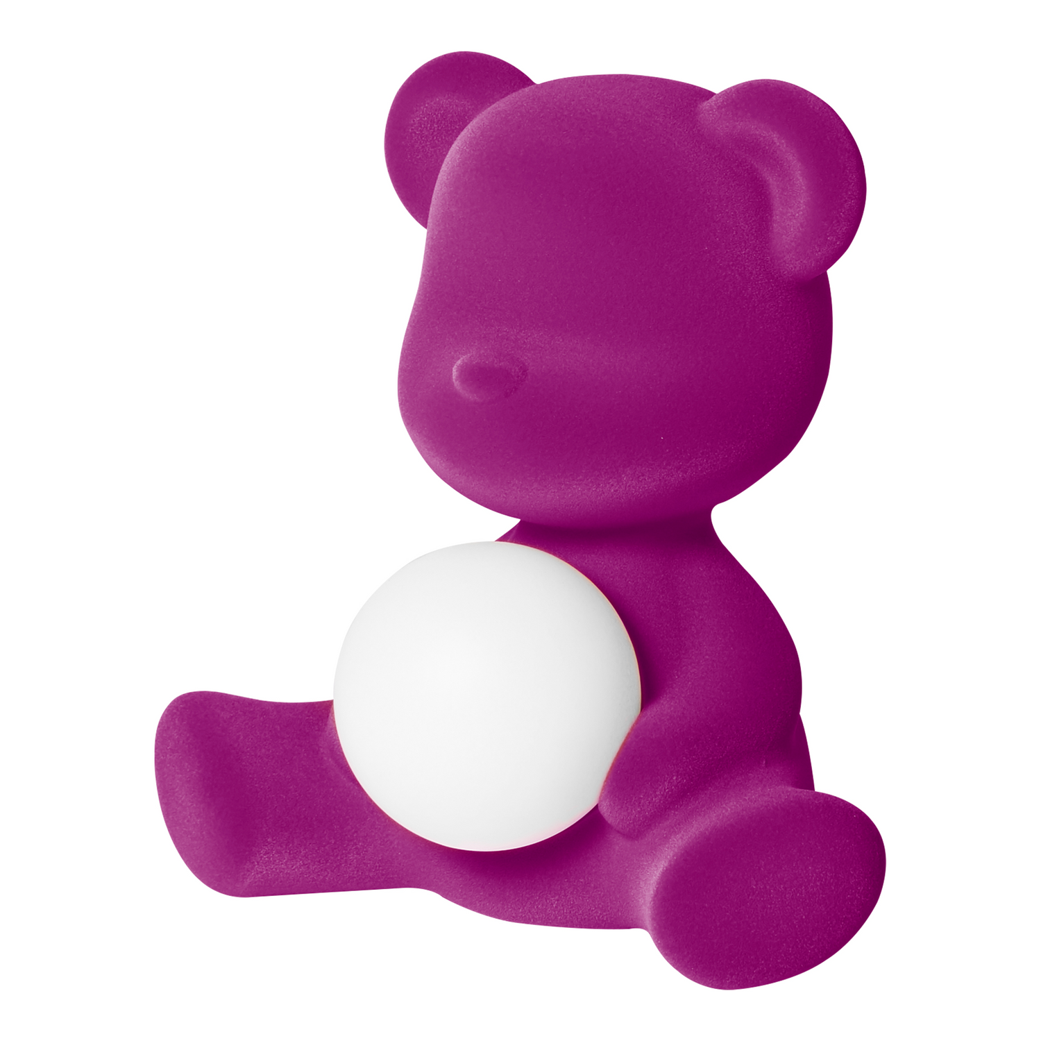 Violette Leuchte in Bärenform mit weicher Haptik und leuchtender Kugel