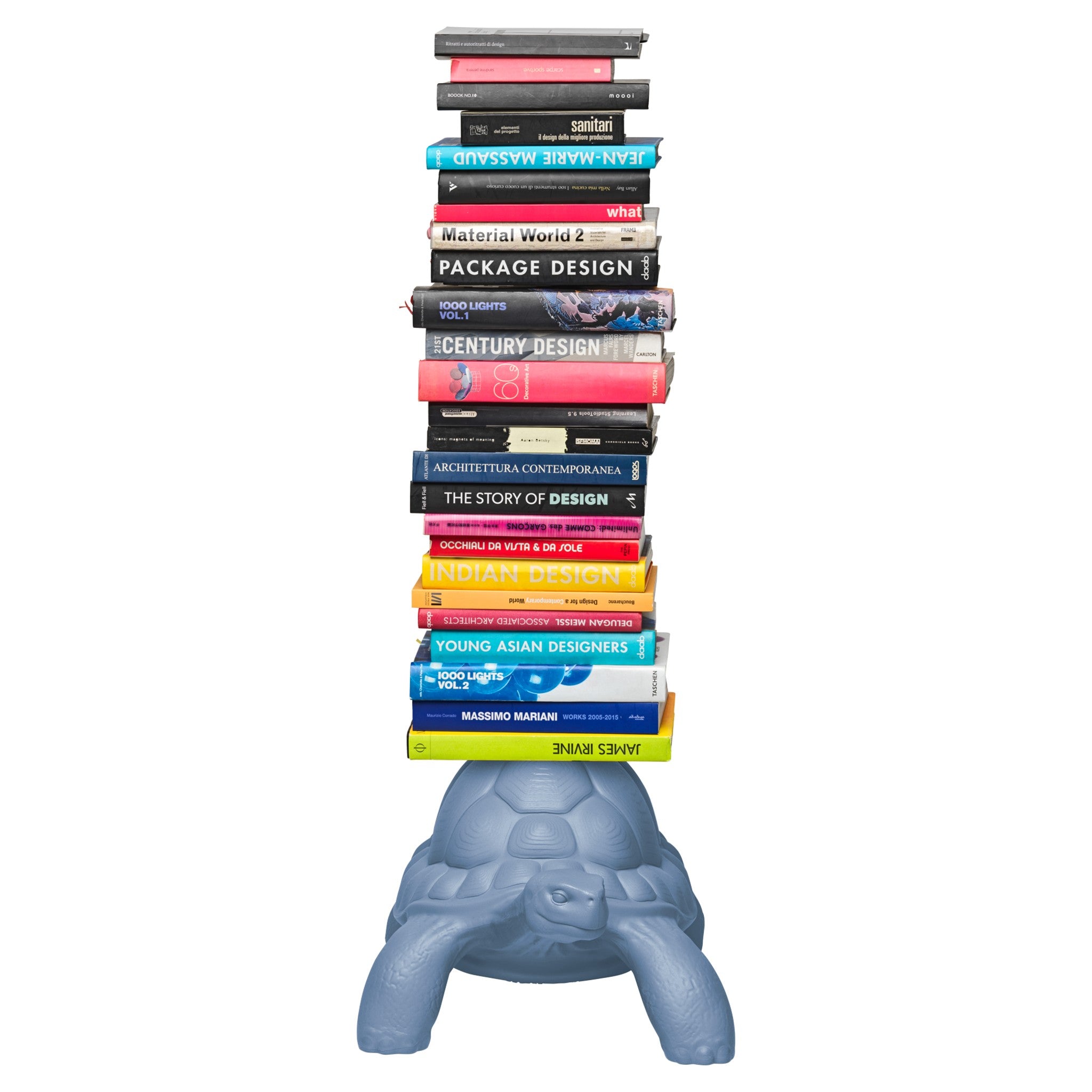 Design Bookcase Turtle Carry mit Bücherstapel und Metallhalterung
