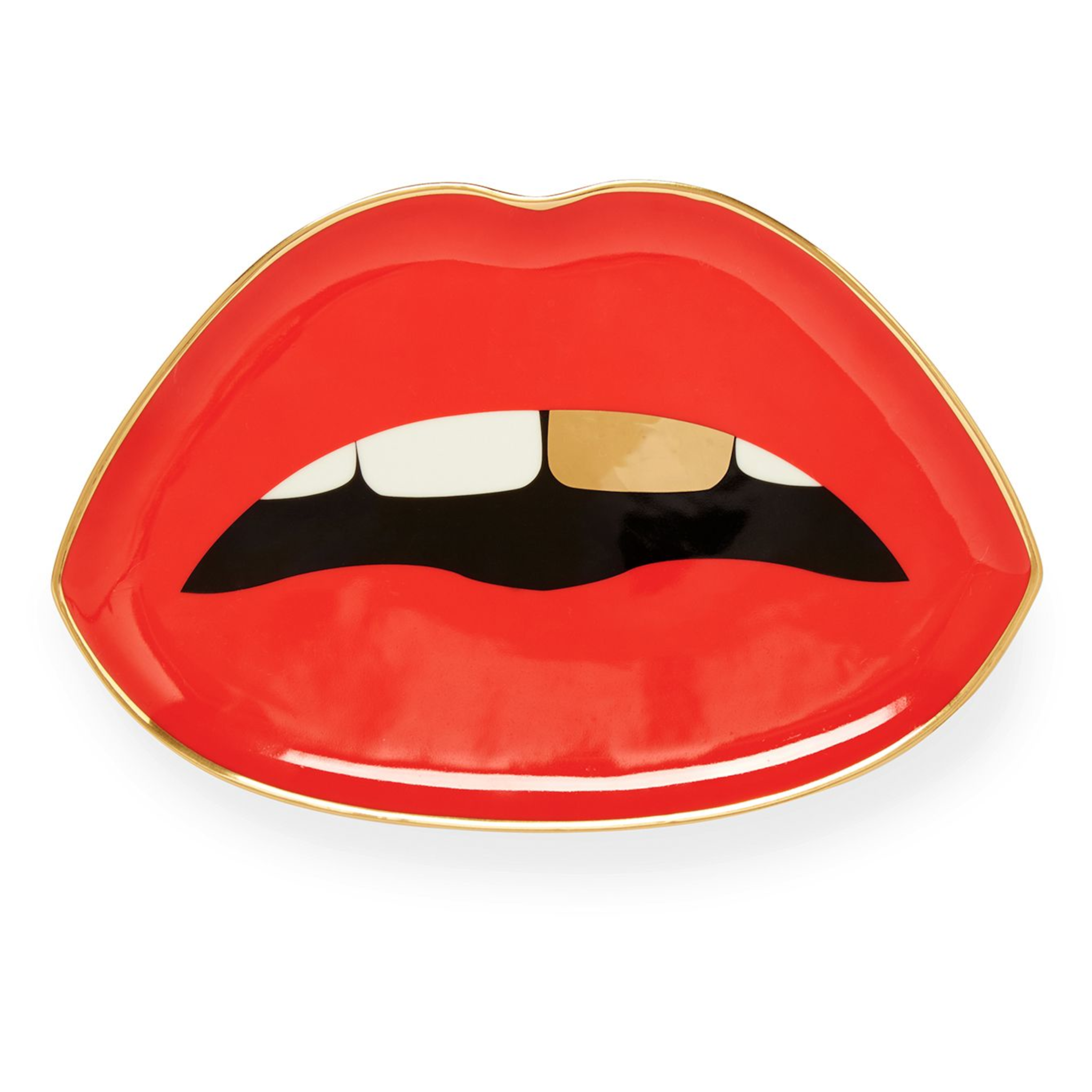 Jonathan Adler LIPS Trinket Tray in Rot mit Goldakzenten, ideal für kleine Schmuckstücke.