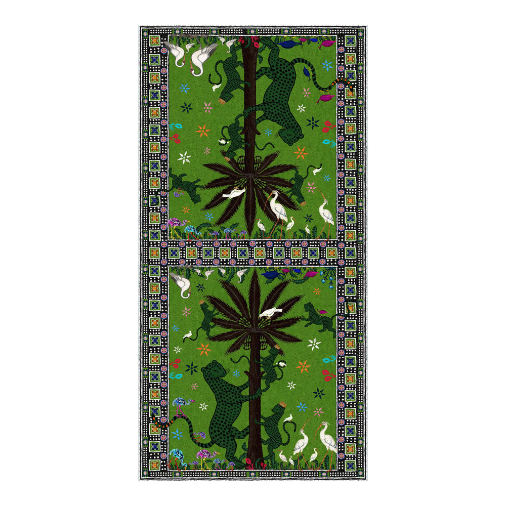 Seidenschal, grün, mit exotischem Motiv