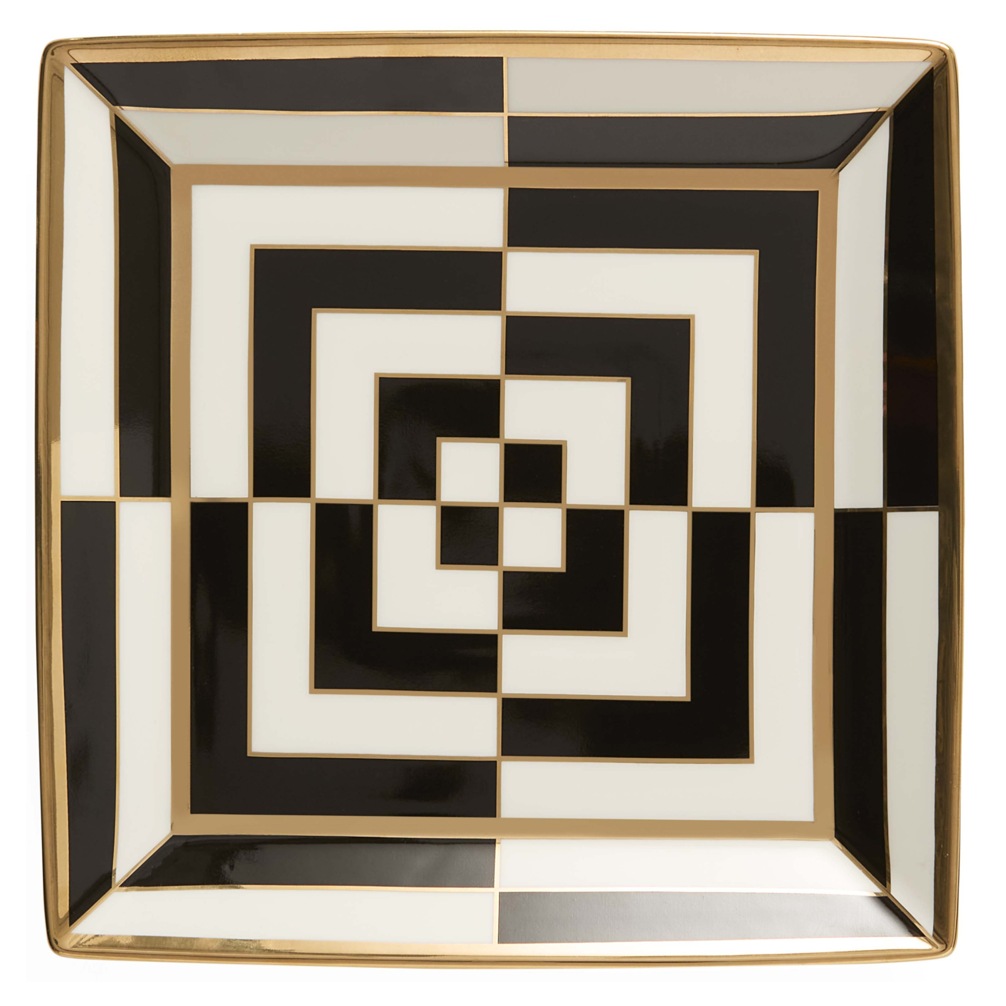 Quadratisches Serviertablett mit Op-Art-Muster in Schwarz-Weiß.