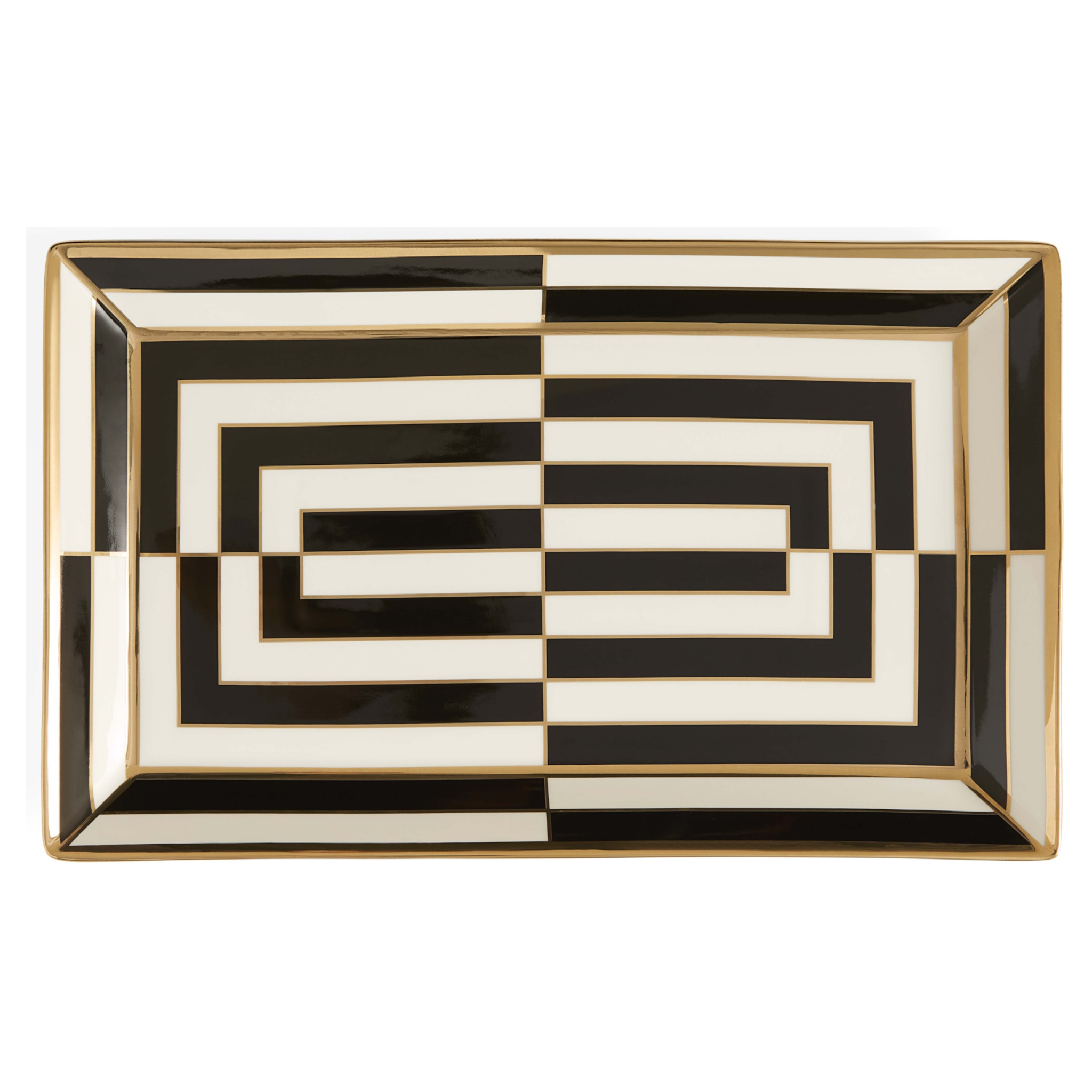 Rechteckiges Serviertablett mit Op-Art-Muster und goldenen Akzenten.