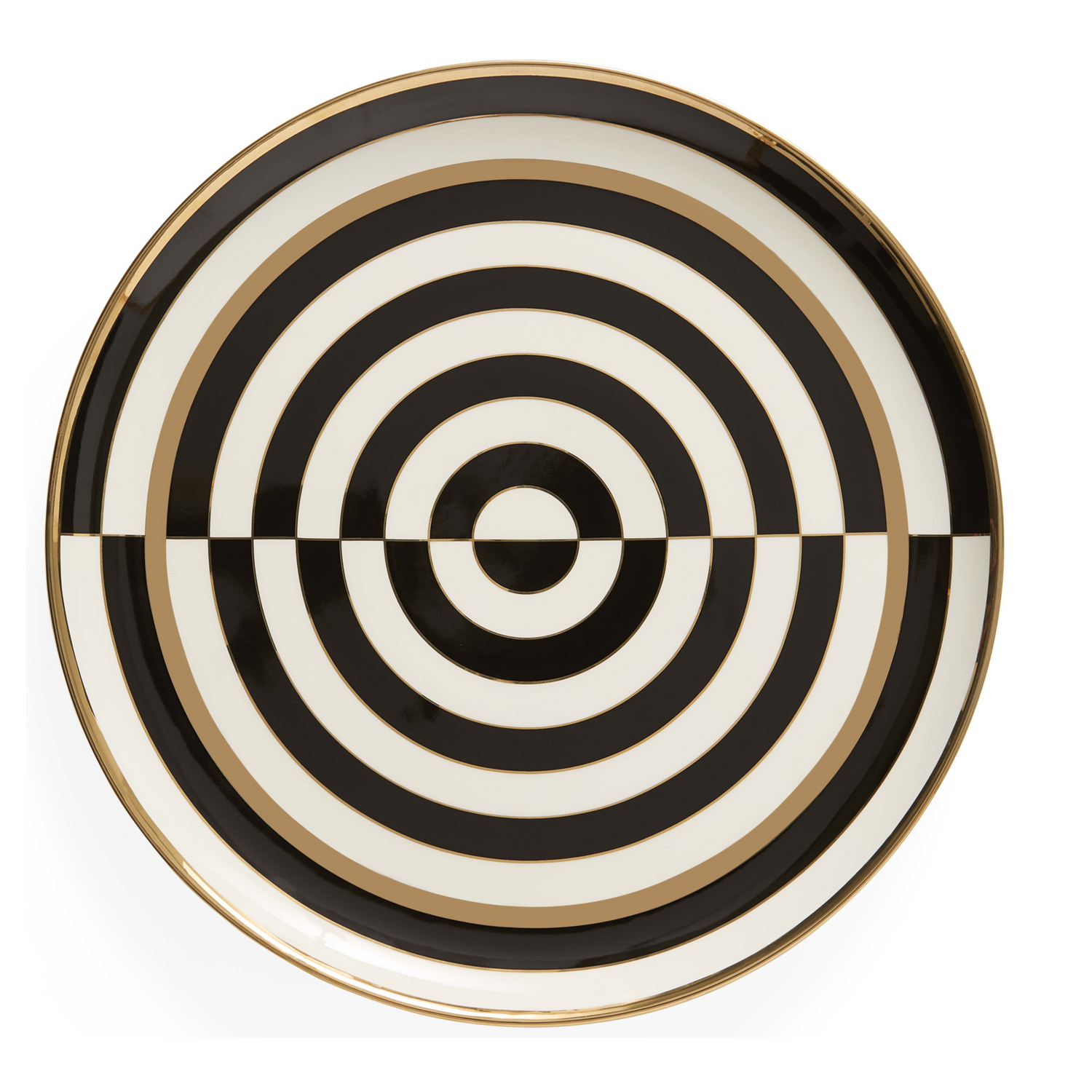 Rundes Serviertablett mit schwarz-weißem Op-Art-Muster und goldenen Akzenten.
