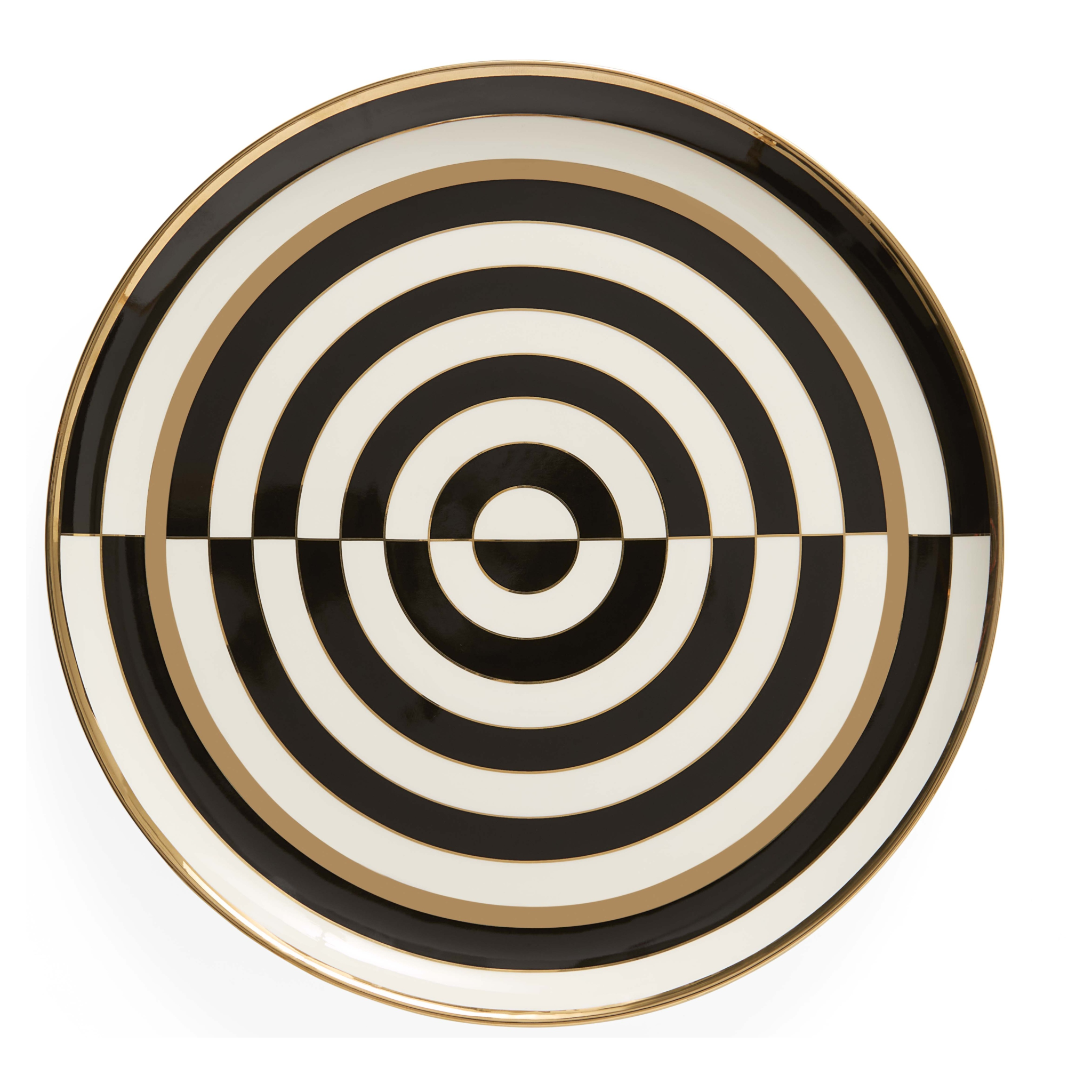 Rundes Serviertablett mit schwarz-weißem Op-Art-Muster und goldenen Akzenten.