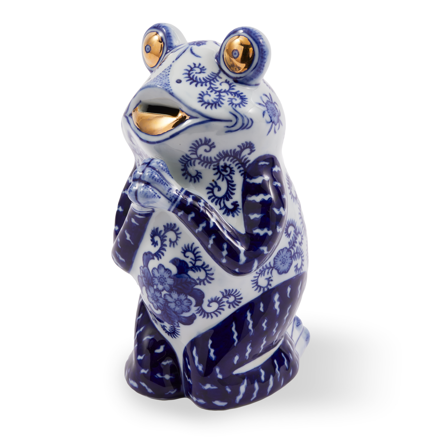 Porzellan-Spardose in Froschform mit blau-weißem Blumenmuster