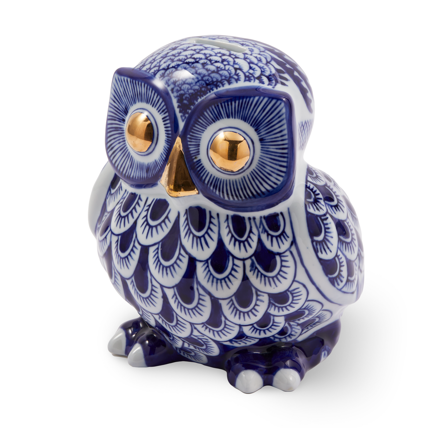 Spardose in Eulenform mit blauer Bemalung und goldenen Augen