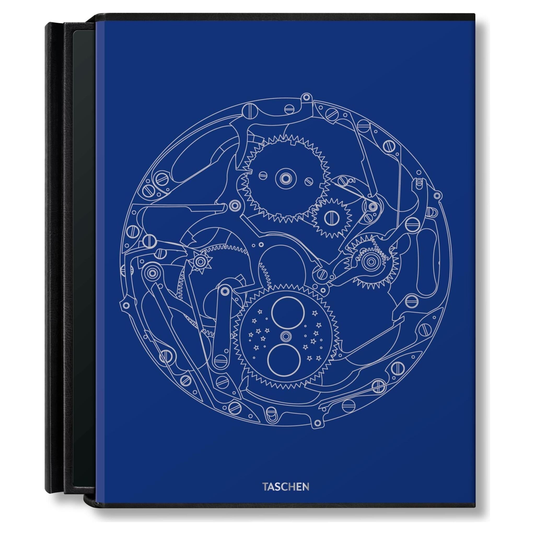 Edler Buchschuber in Blau mit fein geprägtem Uhrwerksdesign