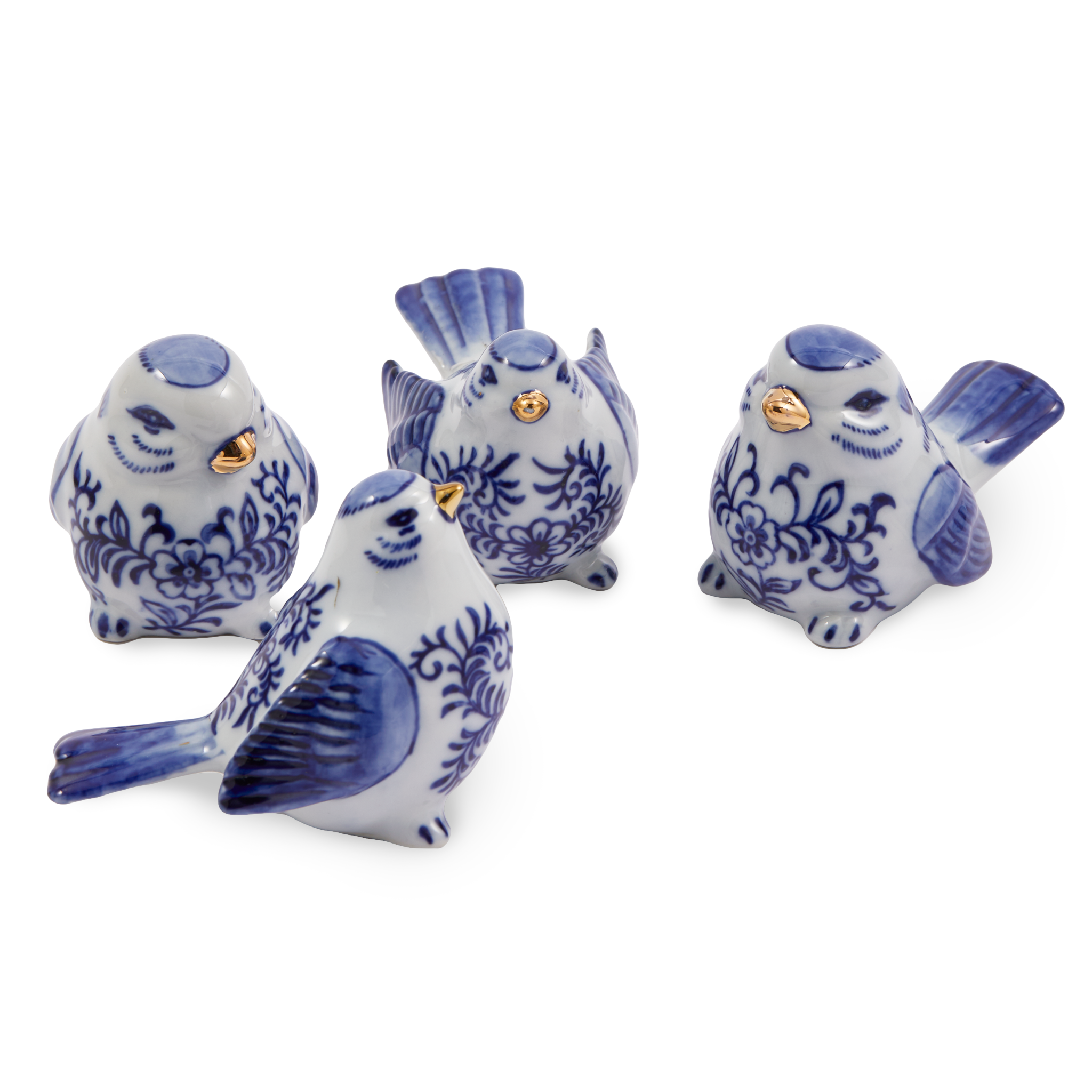 Vier blaue Porzellanvögel mit goldenen Details im Set