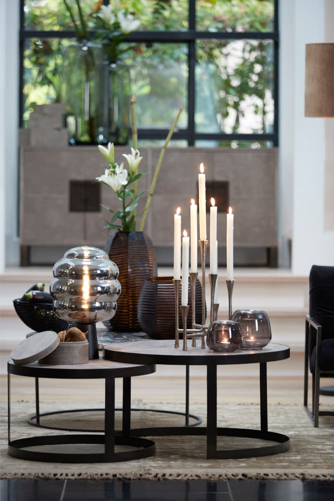 Tischleuchte MISTY Rauchglas grau und matt schwarz Ø30x46cm