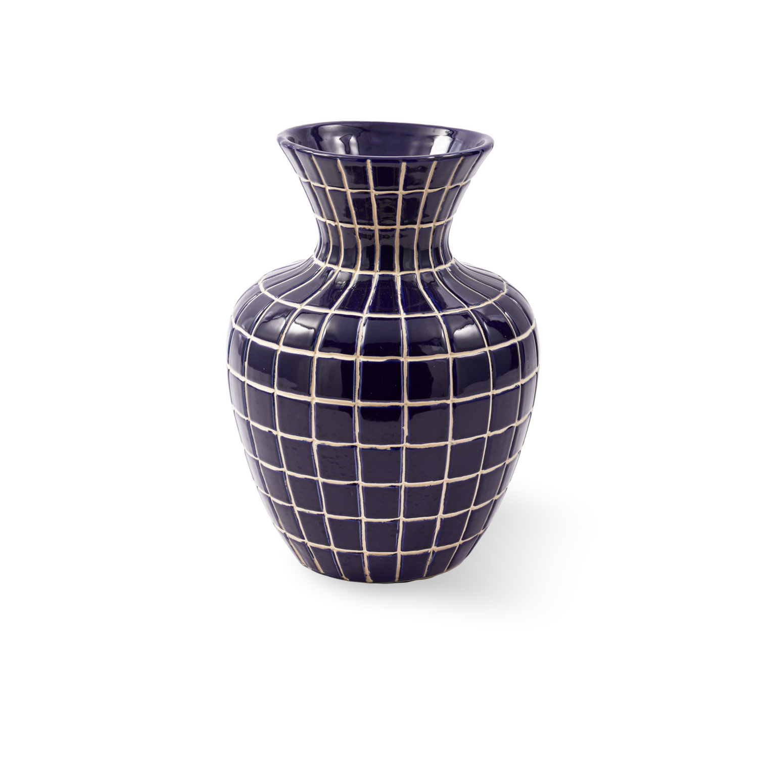 Dunkelblaue HAMAM VASE - S mit weißem Karomuster aus Keramik.