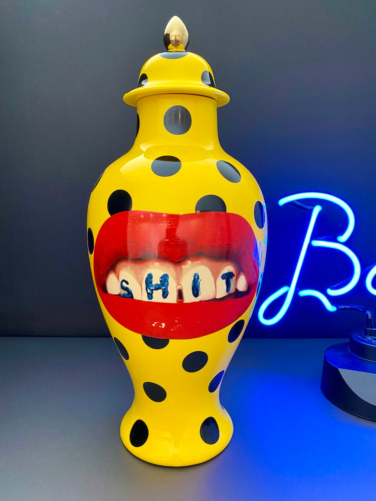 Vase mit Deckel SHIT gelb/schwarz Ø19,5x46,5 cm