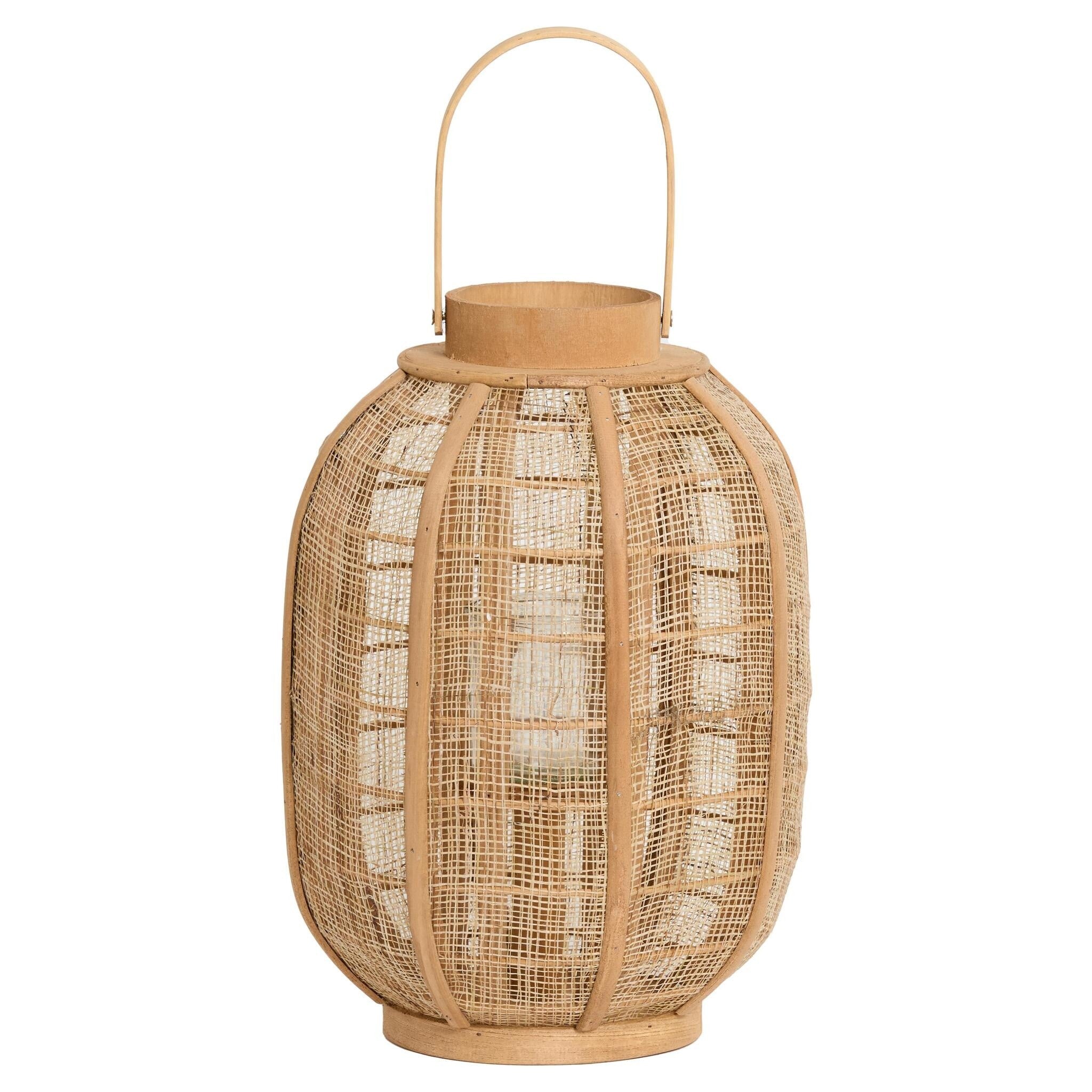 Windlicht aus Raphia und Holz in natürlicher Flechtoptik mit Griff