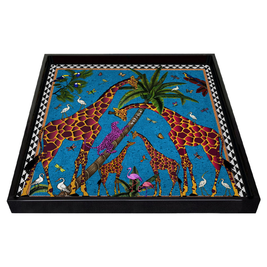 Handgefertigtes Lacktablett Tray Giraffe Blue 16x16cm