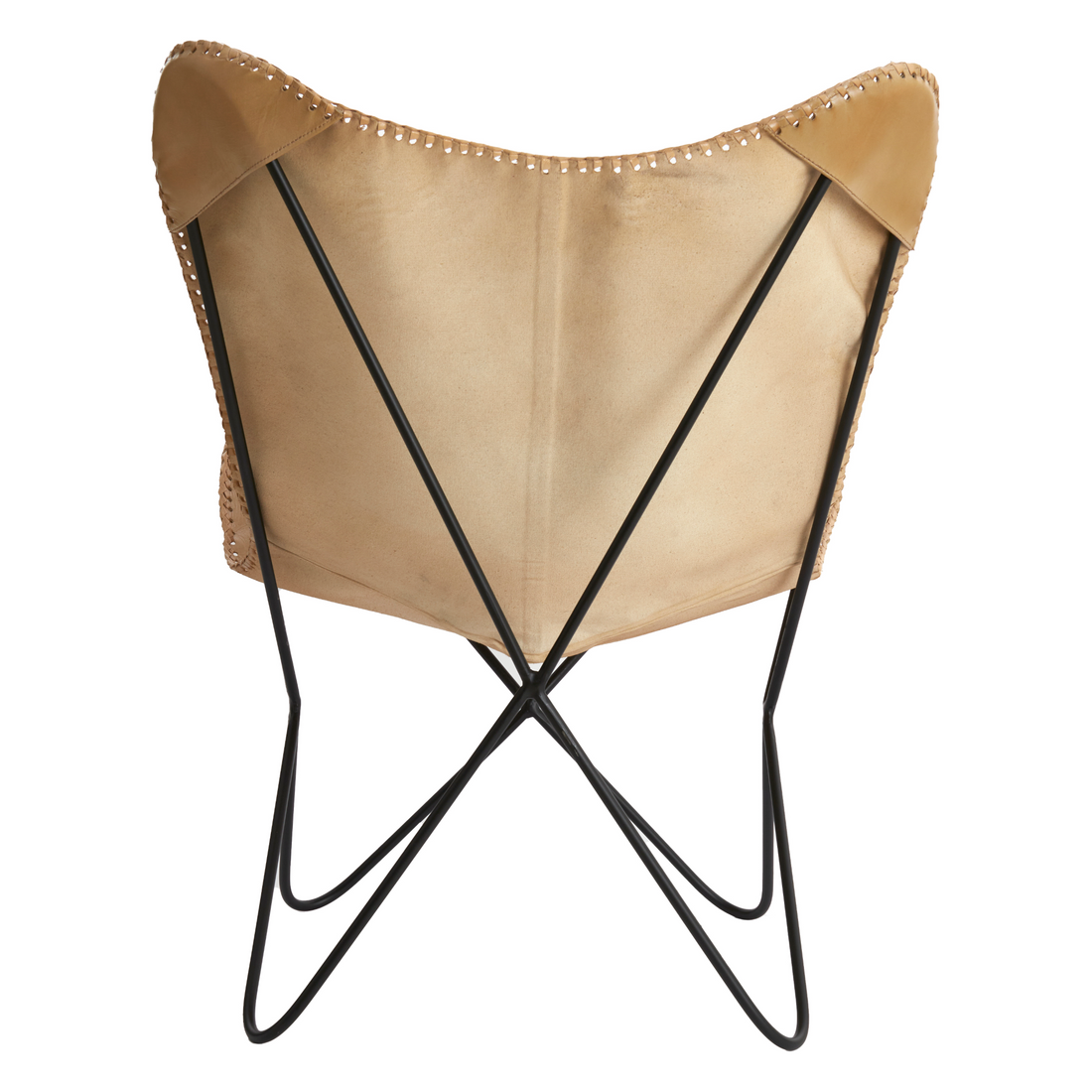 Rückansicht des sandfarbenen Butterfly-Sessels von Light & Living mit schwarzem Eisenrahmen.