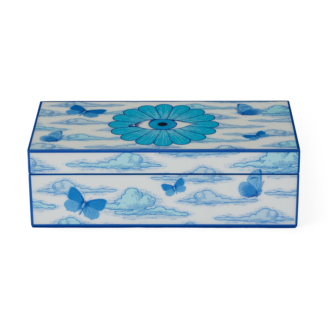 dekorative Lacquer Box Druggist in blau von Jonathan Adler - Motiv Schmetterlinge und Auge