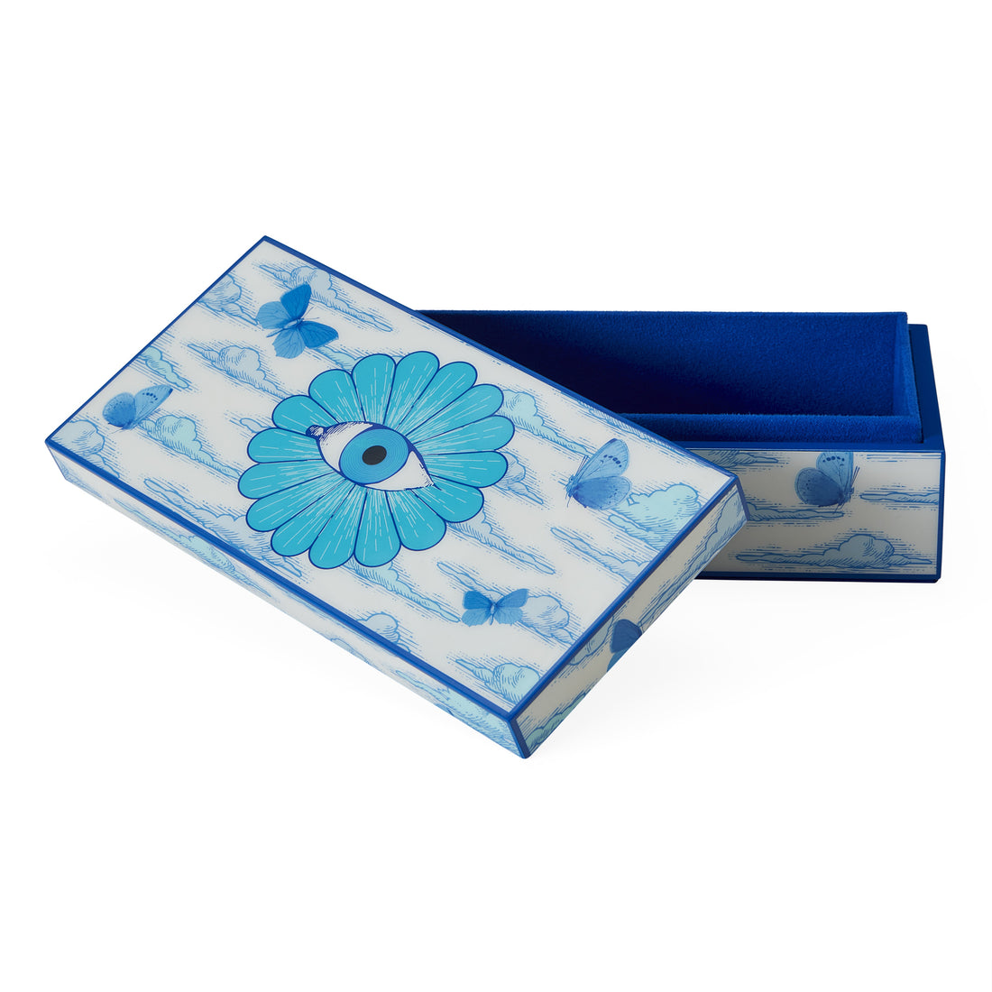 dekorative Lacquer Box Druggist in blau von Jonathan Adler - Motiv Schmetterlinge und Auge