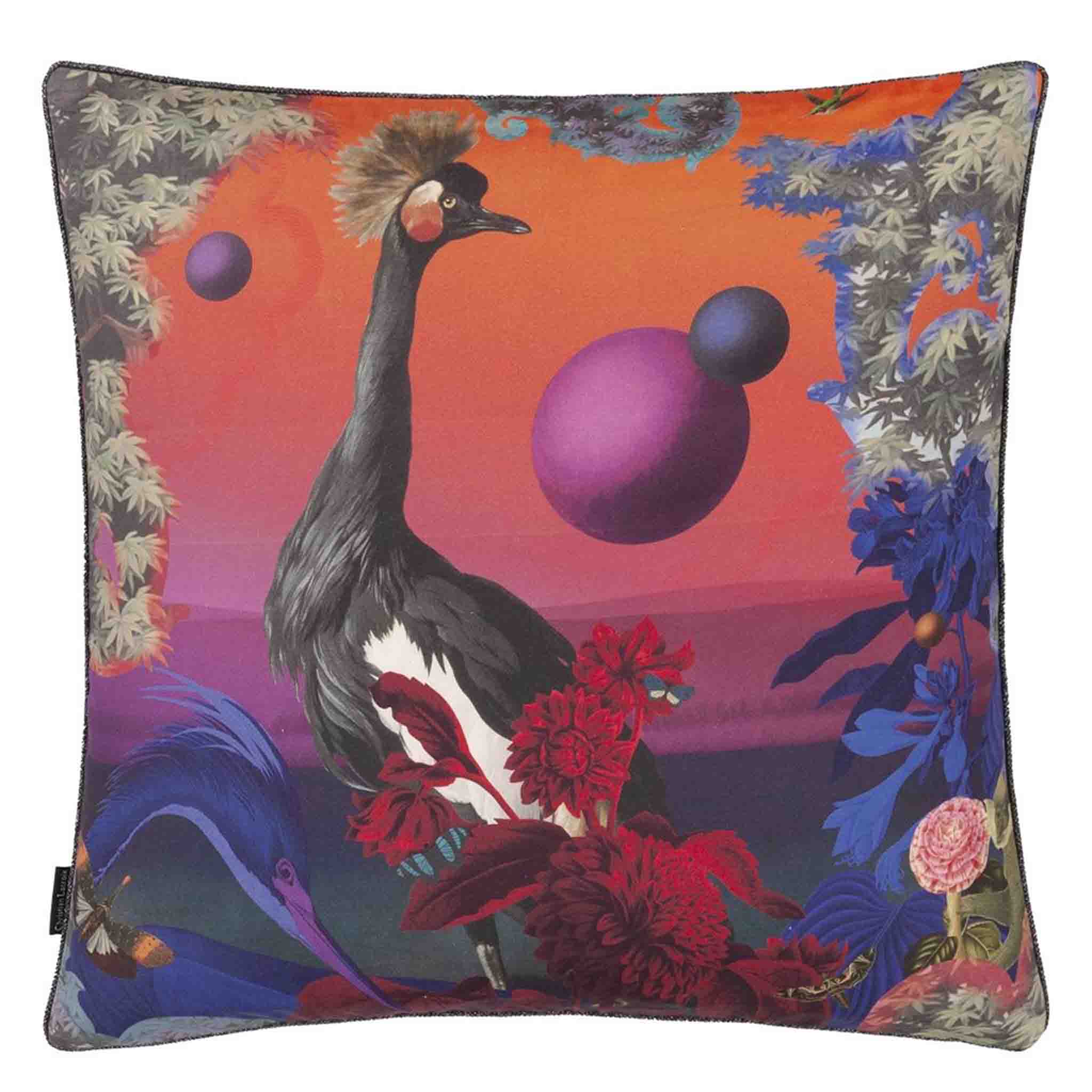 Kissen im Design von Christian Lacroix - Exotischer Kronenkranich auf der Vorderseite