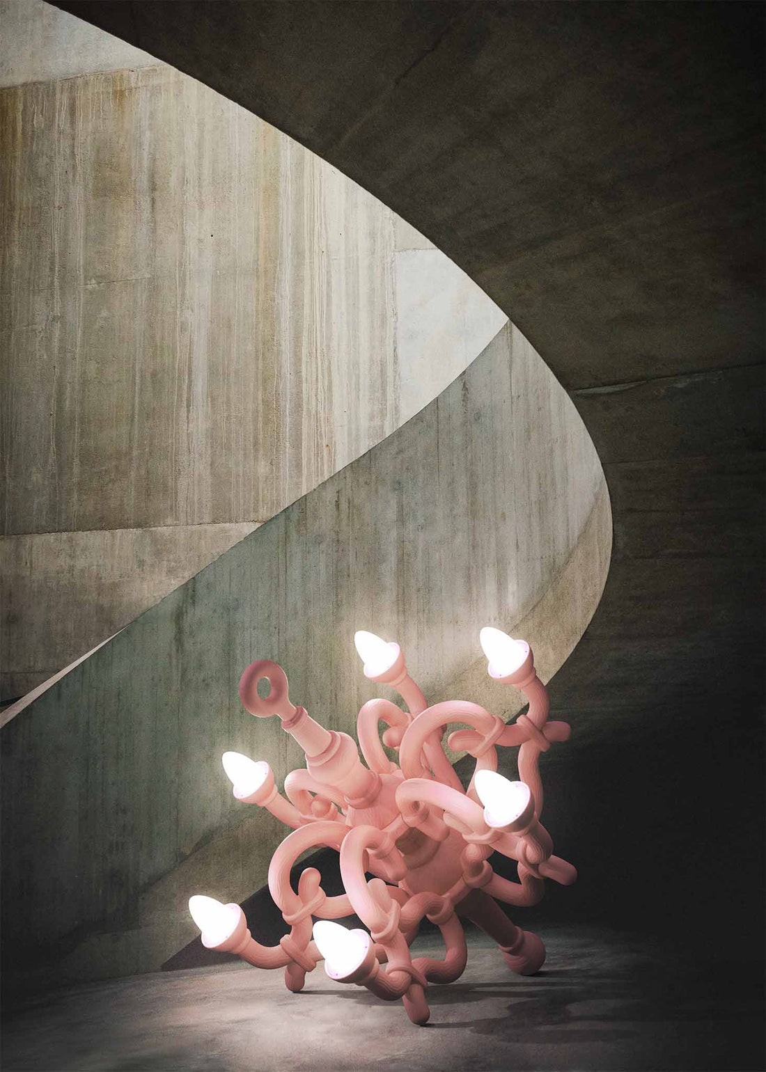 Bodenleuchte FALLEN CHANDELIER XL in pink auf Betonboden mit Treppe