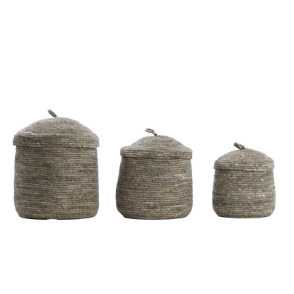 Baskets with lid set of 3 MANGALA grey