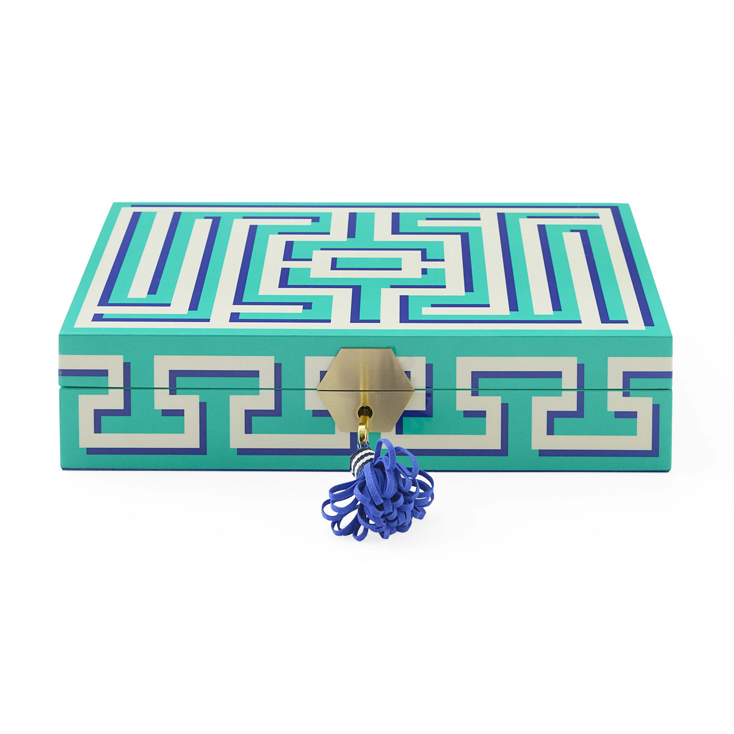 Schmuckbox in Türkis und Blau mit Labyrinthmuster und Messingdetail