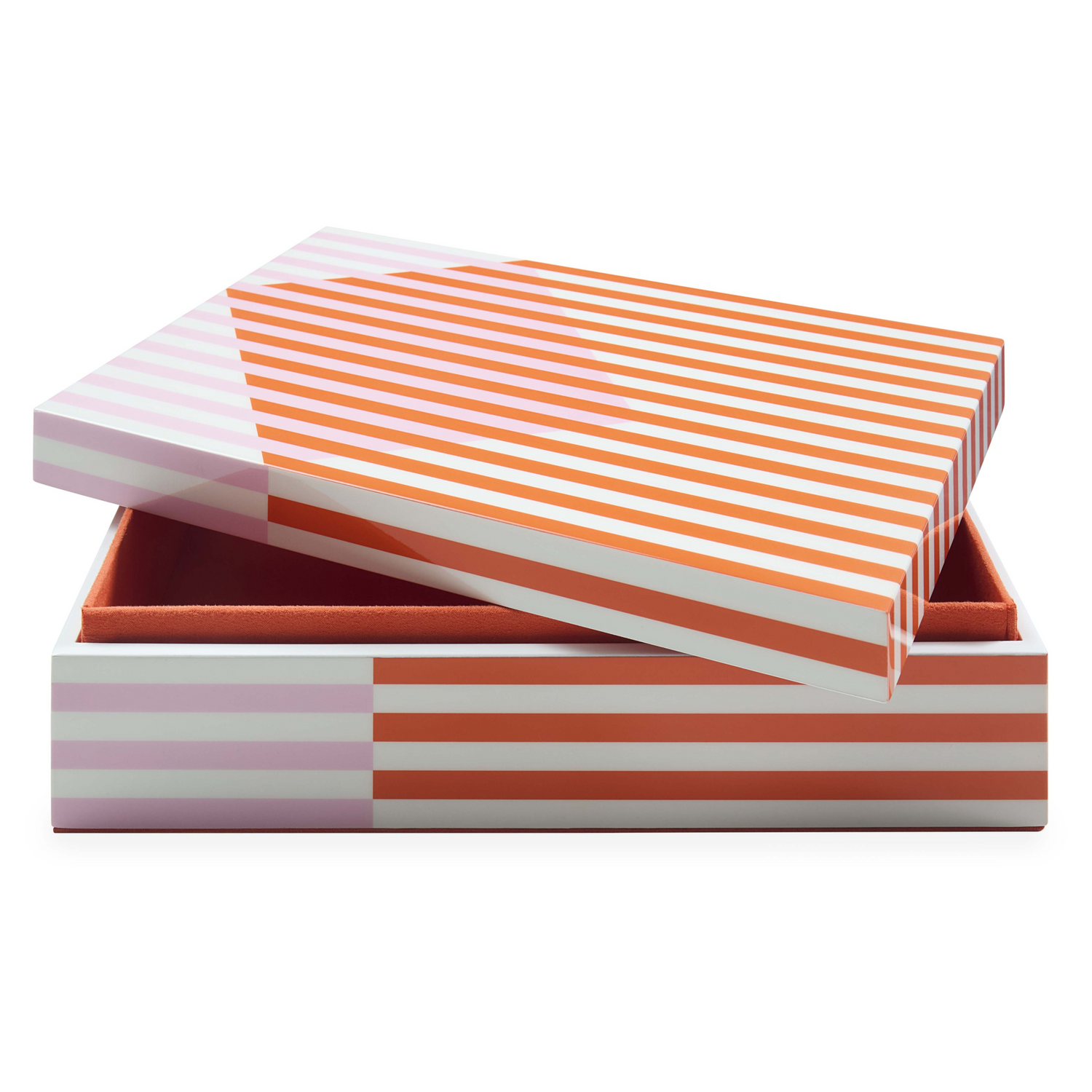 Skandinavische Designbox in Orange und Rosa.