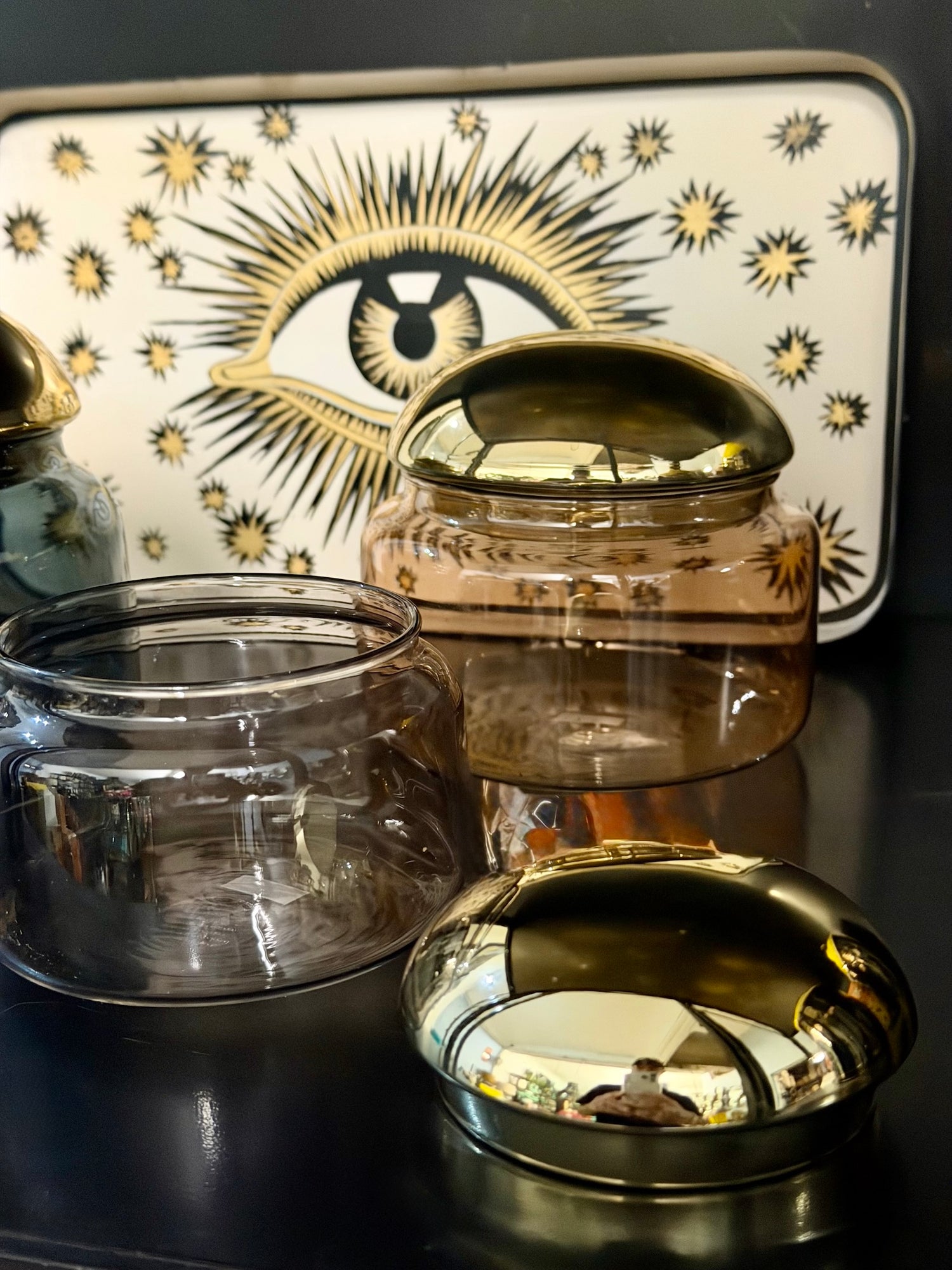 Glasdose VOILE S aus Borosilikatglas – Grau & Gold