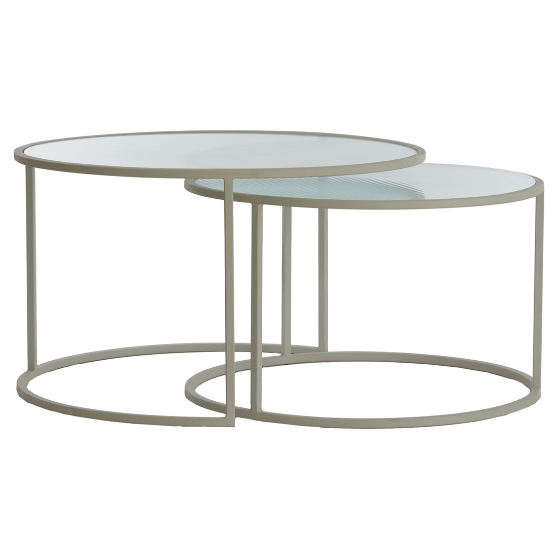 Cremefarbener Couchtisch mit Riffelglasplatte aus dem TALCA Set.