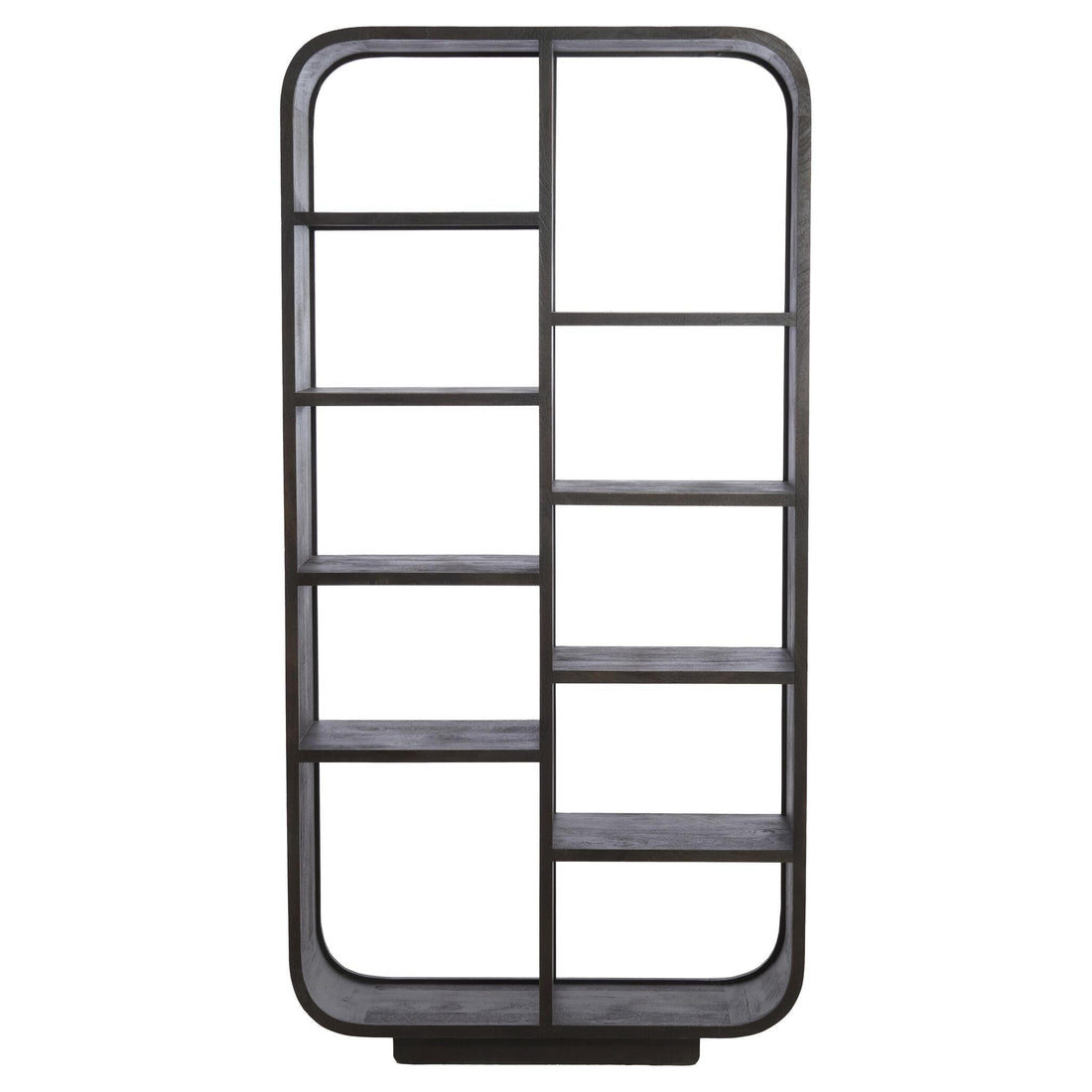 Großes Hochregal aus matt dunkel rotbraunem Holz