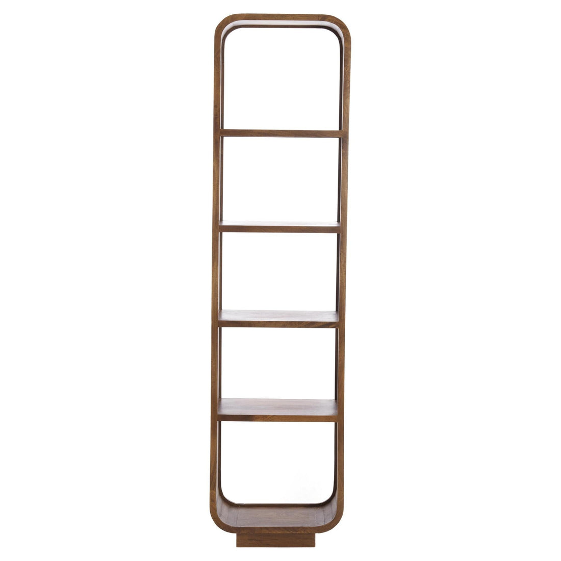 Hohes Holzregal in geöltem Braun mit offenen Ablagen